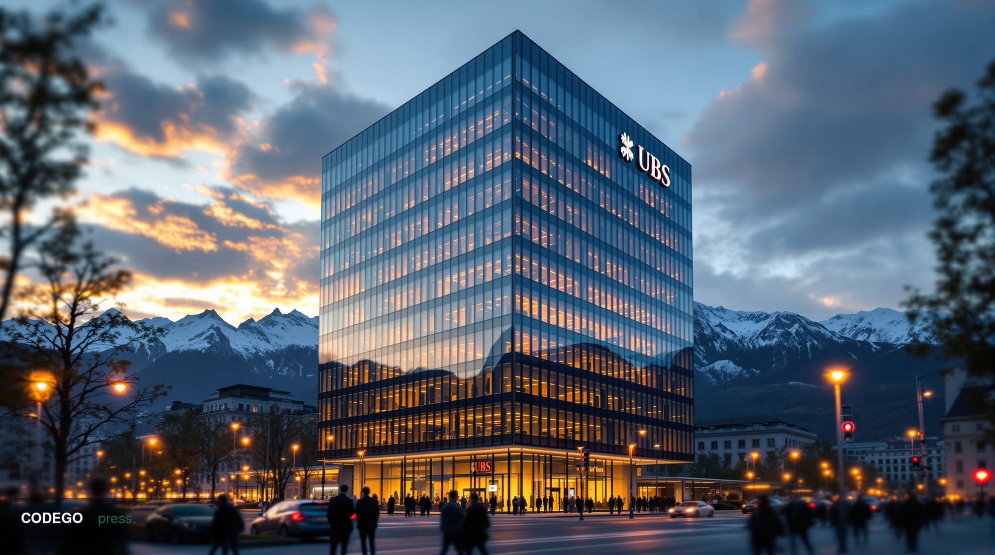 A dramatic cinematic editorial photograph of the imposing UBS headquarters building in Zurich, Switzerland, captured during g