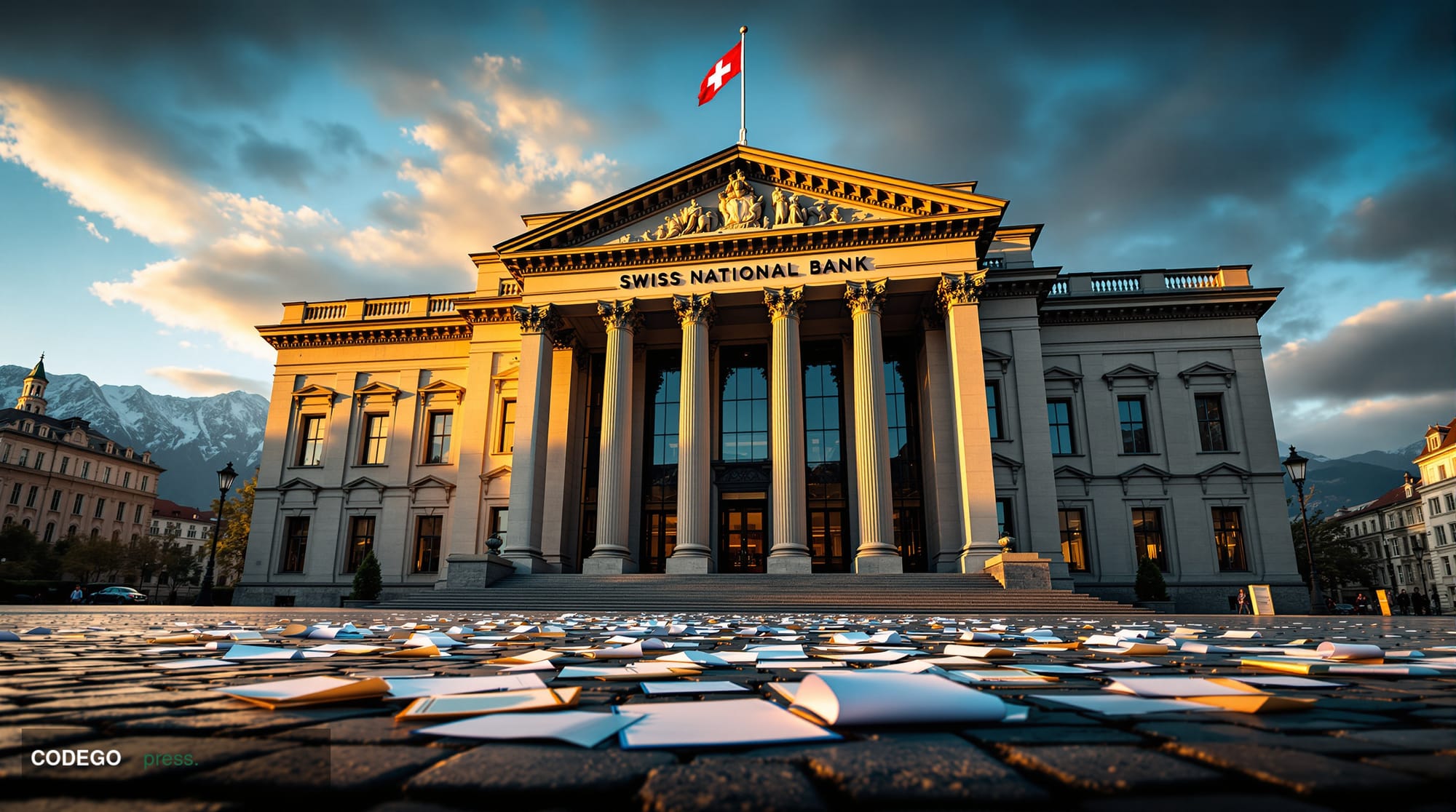 A cinematic editorial photograph of the imposing Swiss National Bank headquarters building in Bern, Switzerland, shot during 