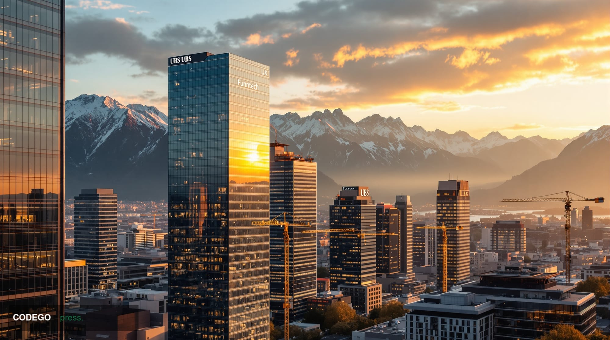 A cinematic editorial photograph of downtown Zurich's financial district at golden hour, with the iconic Swiss banking towers