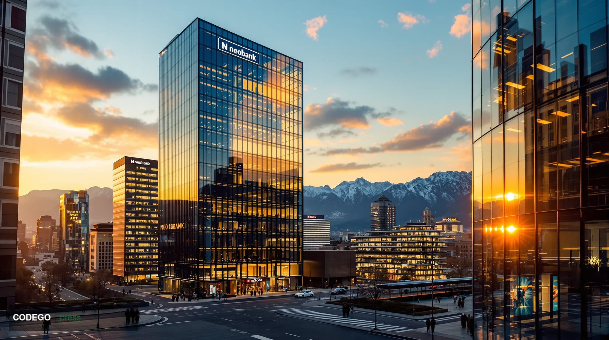A photorealistic editorial photograph capturing the Swiss fintech landscape through a dramatic architectural composition feat