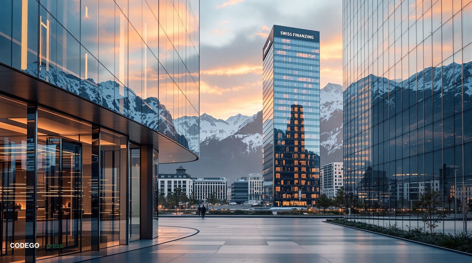 A photorealistic editorial photograph of the Swiss financial district in Zurich, featuring modern glass office towers reflect