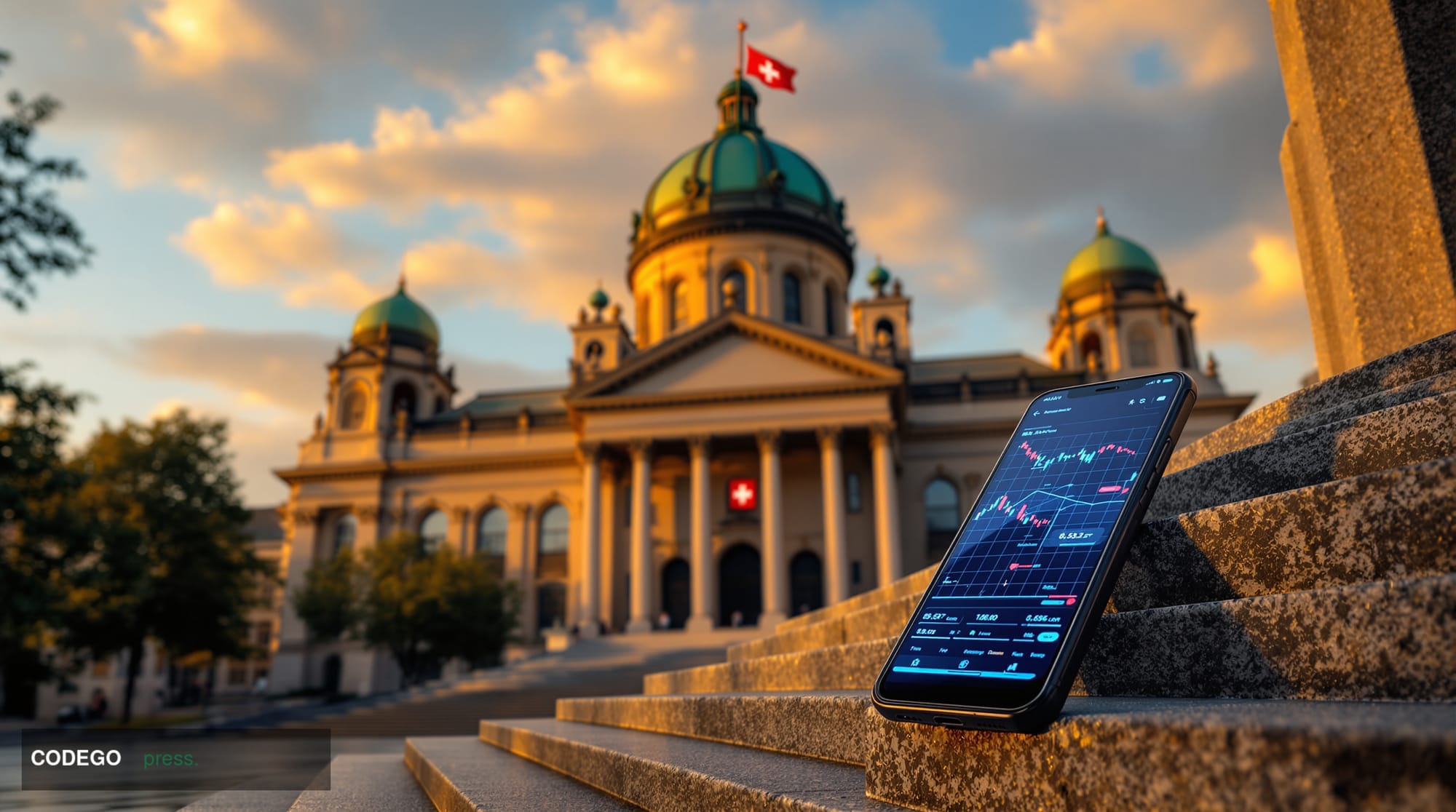 A cinematic editorial photograph showing the distinctive Swiss Federal Palace (Bundeshaus) in Bern with its iconic green copp