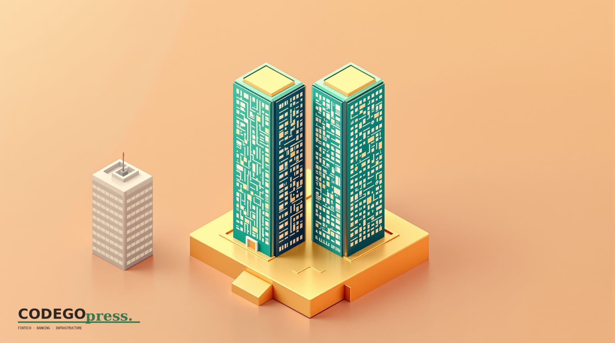 Flat 3D isometric vector editorial illustration. Banking-green primary (#1A6B43), cream background, gold and navy accents. Ce