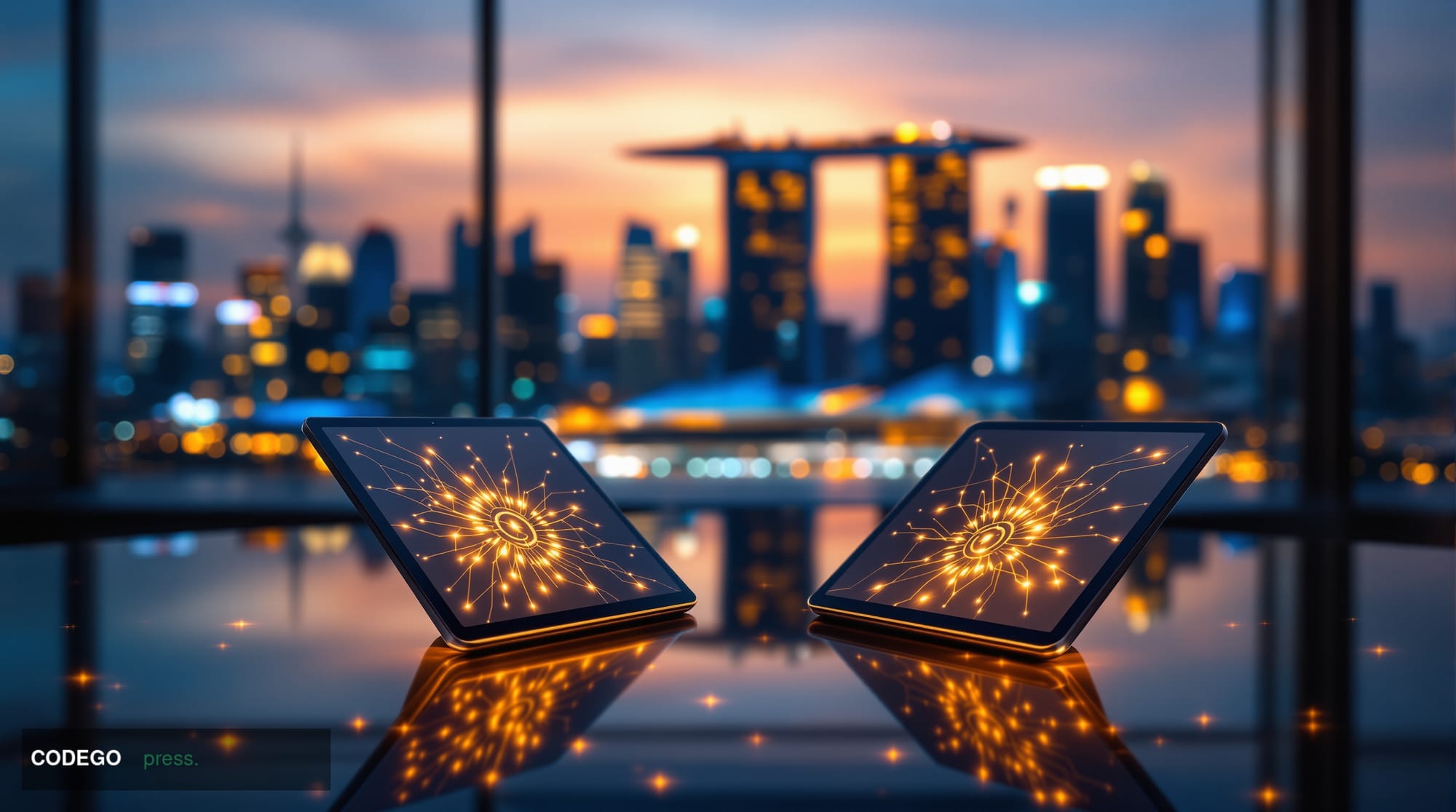 A cinematic editorial photograph showing Singapore's iconic Marina Bay Sands skyline in the background with the Central Busin