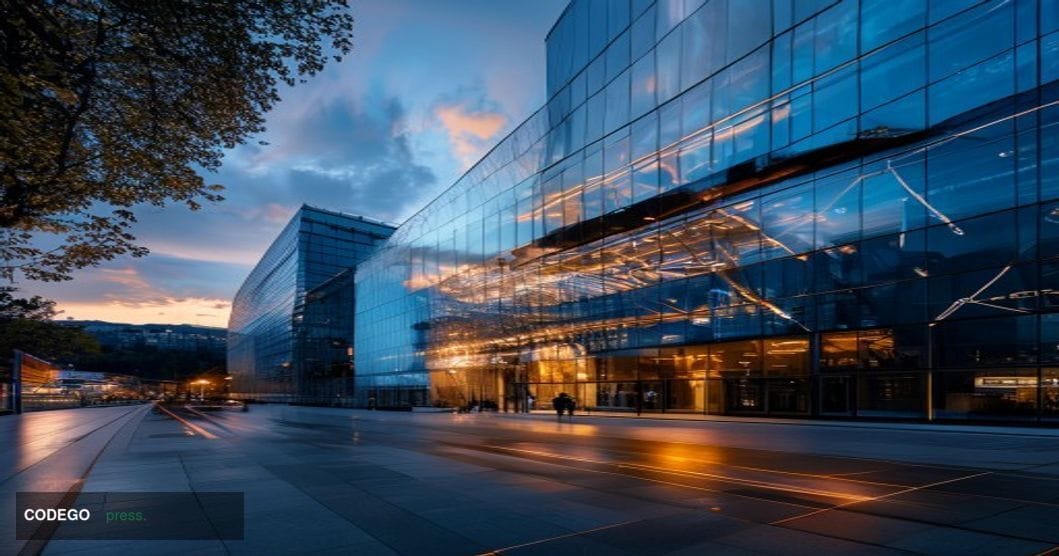 A cinematic editorial photograph capturing Sygnum's Swiss headquarters in Zurich, with the modern glass facade of their Bleic