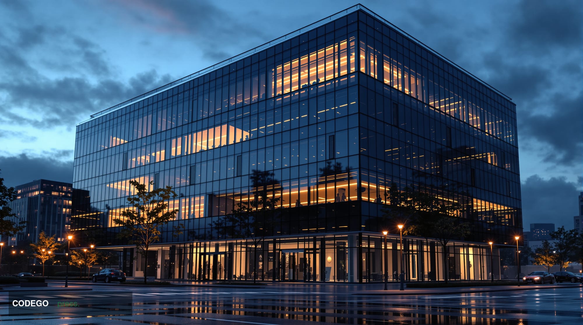 A dramatic editorial photograph showing a sleek modern tech office building at dusk with selective lighting creating stark co