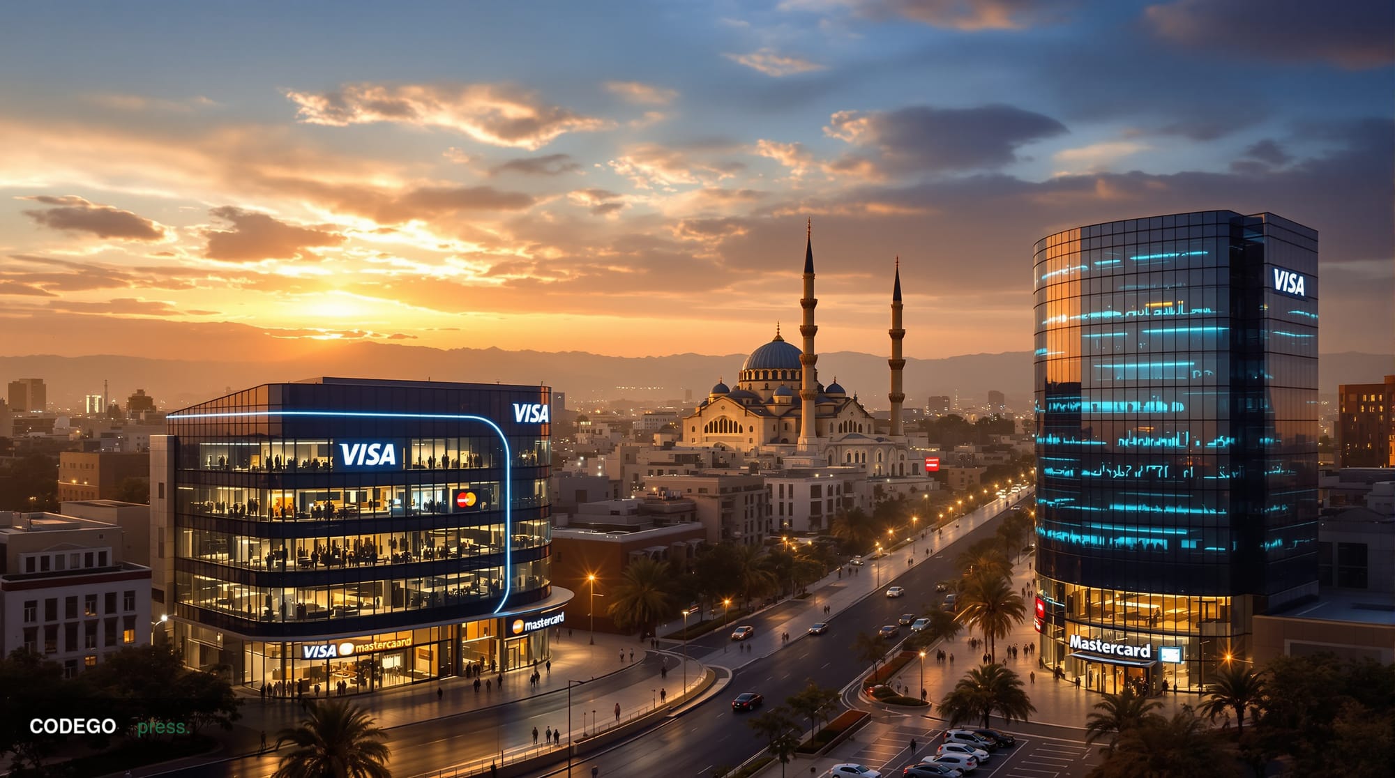 A dramatic cinematic photograph of the Syrian capital Damascus at golden hour, showcasing the city's recovery with modern ban
