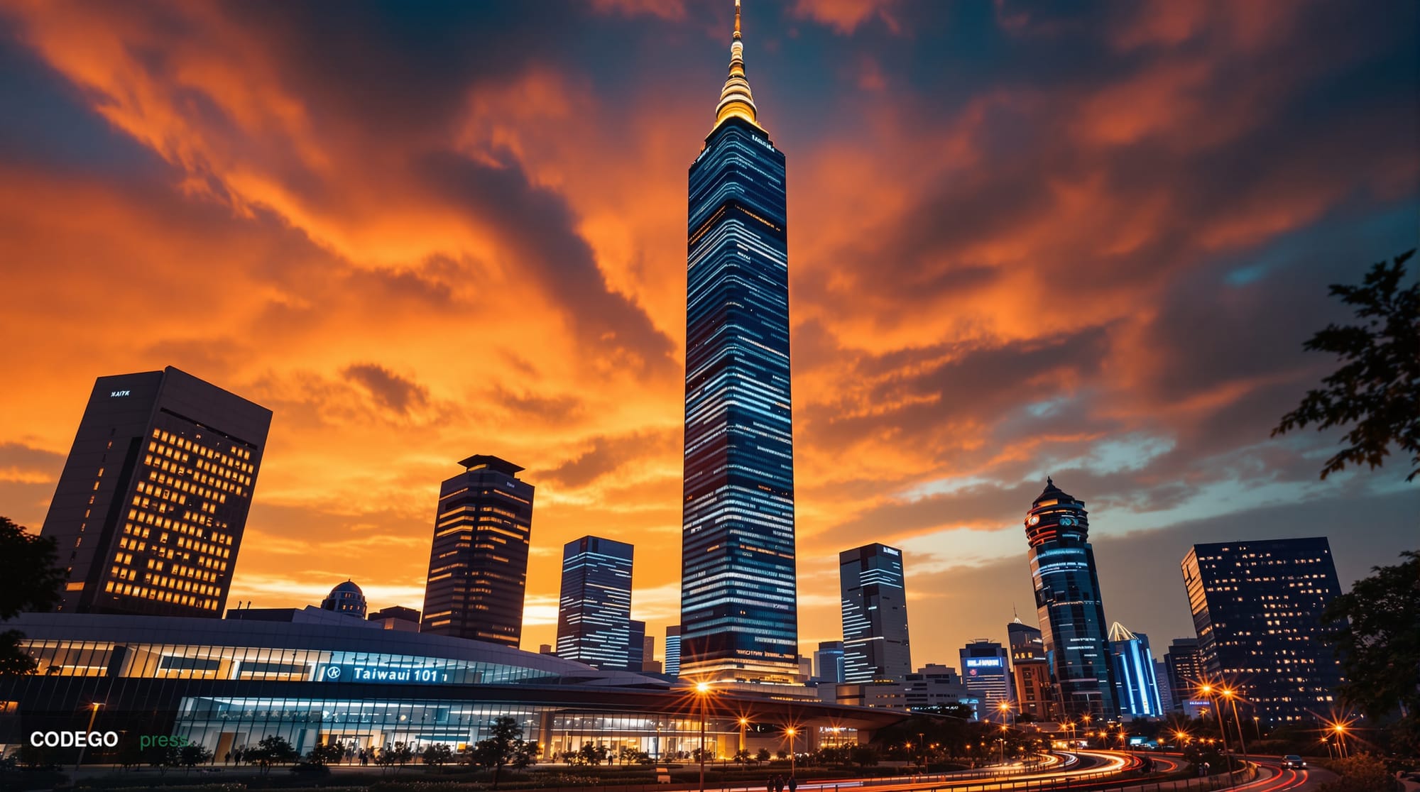 A cinematic editorial photograph showing Taiwan's bustling Taipei 101 district at dusk, with the iconic skyscraper prominentl