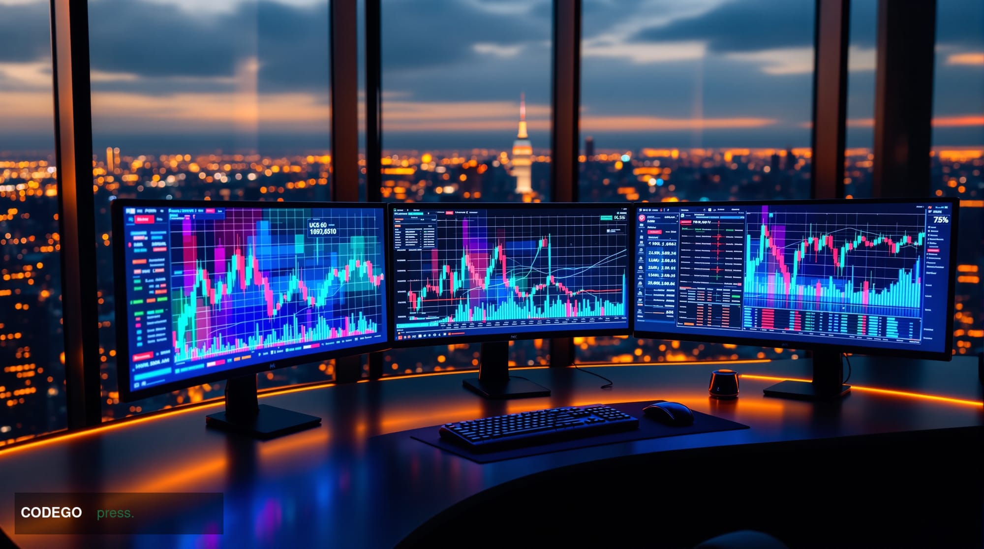 A sophisticated financial newsroom editorial photograph showing a modern market analysis workspace with multiple Bloomberg te