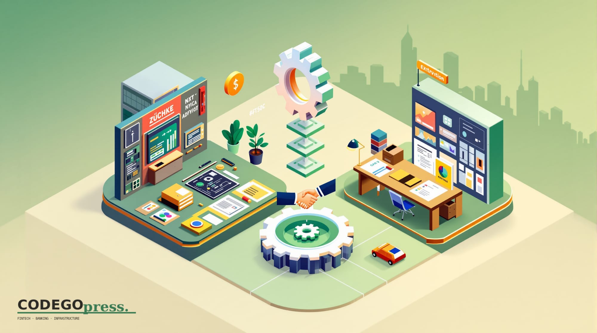 flat 3D isometric vector editorial illustration, banking-green primary (#1A6B43), cream background, gold and navy accents, so