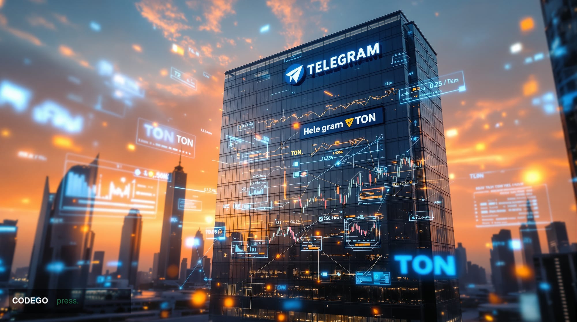 A dramatic photorealistic editorial photograph showing the iconic Telegram headquarters building in Dubai's tech district at 