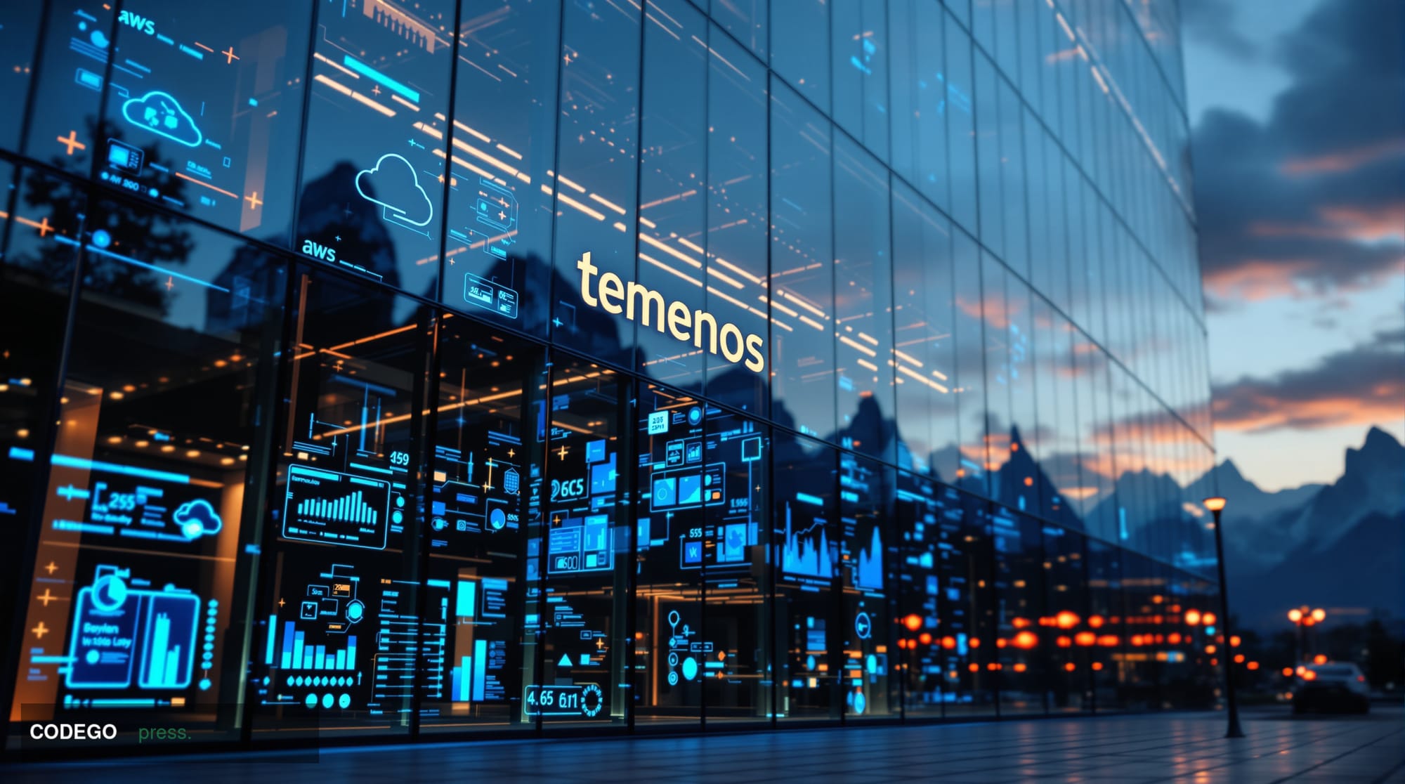 <A photorealistic editorial photograph showcasing the intersection of cloud technology and modern banking infrastructure. The