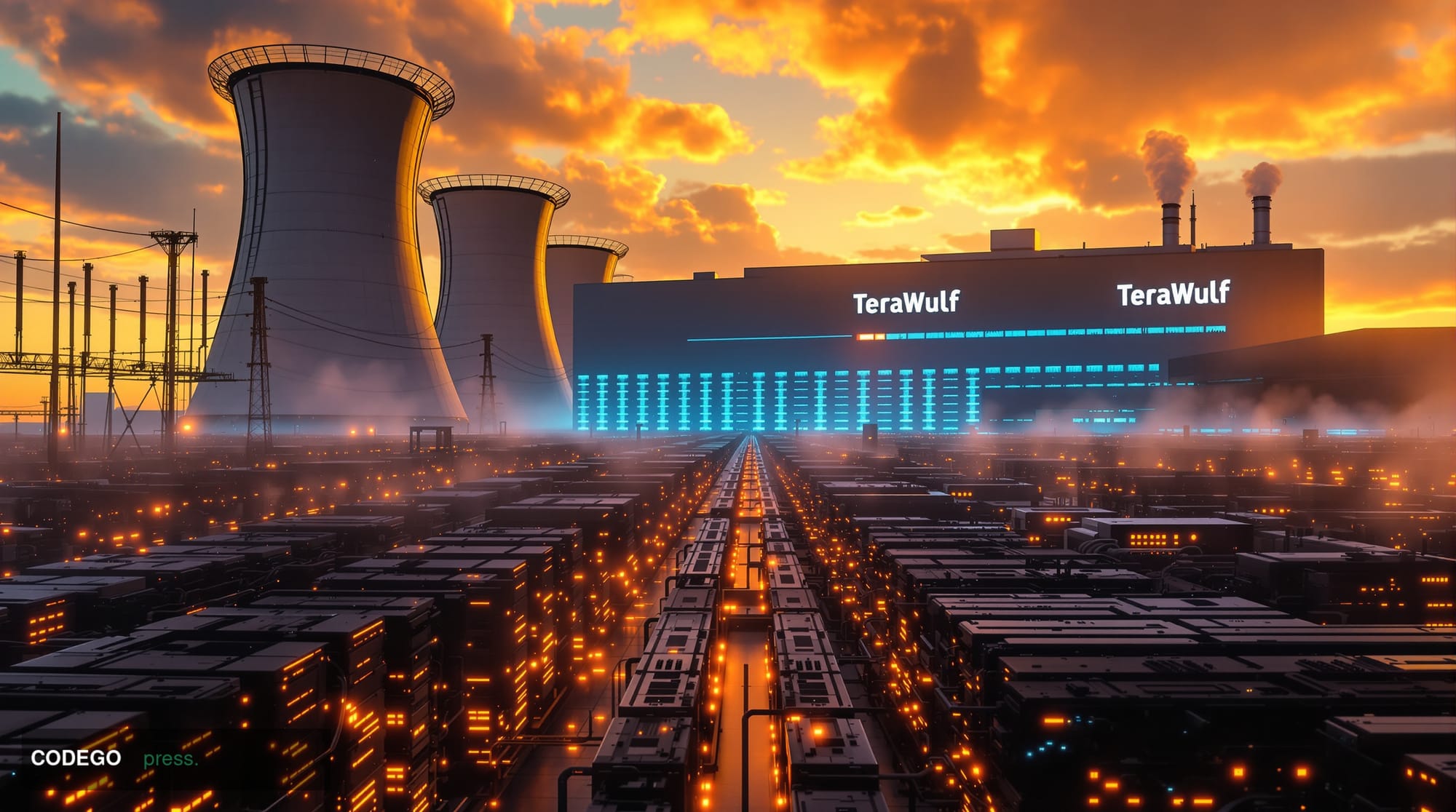 A dramatic photorealistic shot of TeraWulf's industrial data center facility at golden hour, with massive cooling towers and 