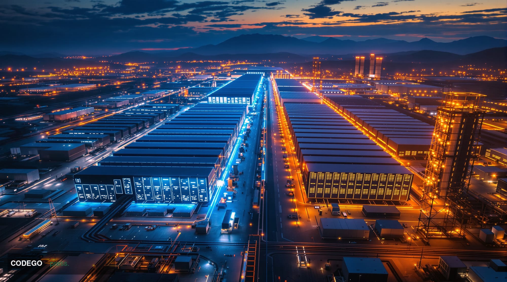 A dramatic aerial view of TeraWulf's industrial data center facility at dusk, showcasing rows of server buildings with distin