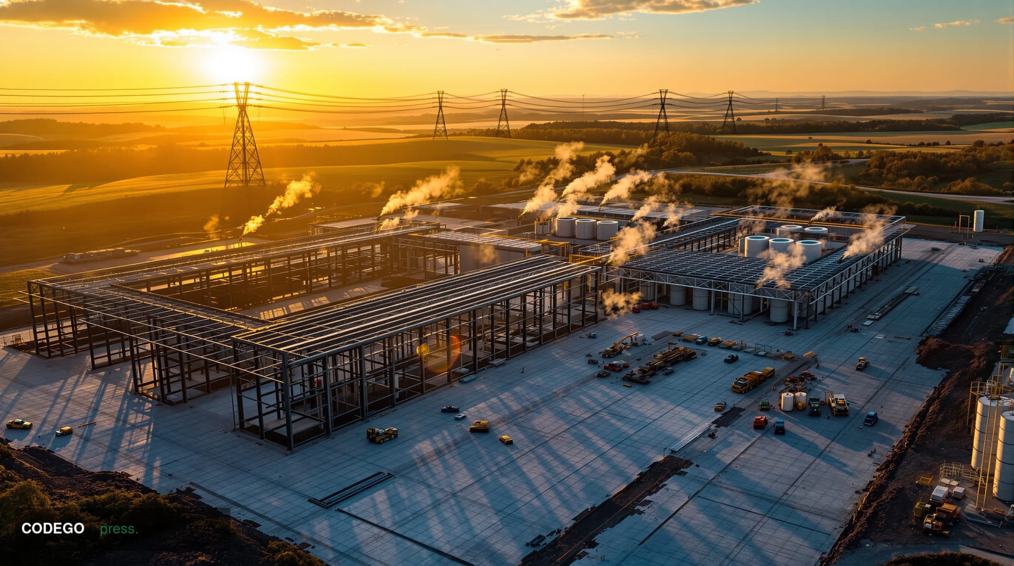 A cinematic editorial photograph of a modern industrial data center complex in rural Kentucky, captured during golden hour wi