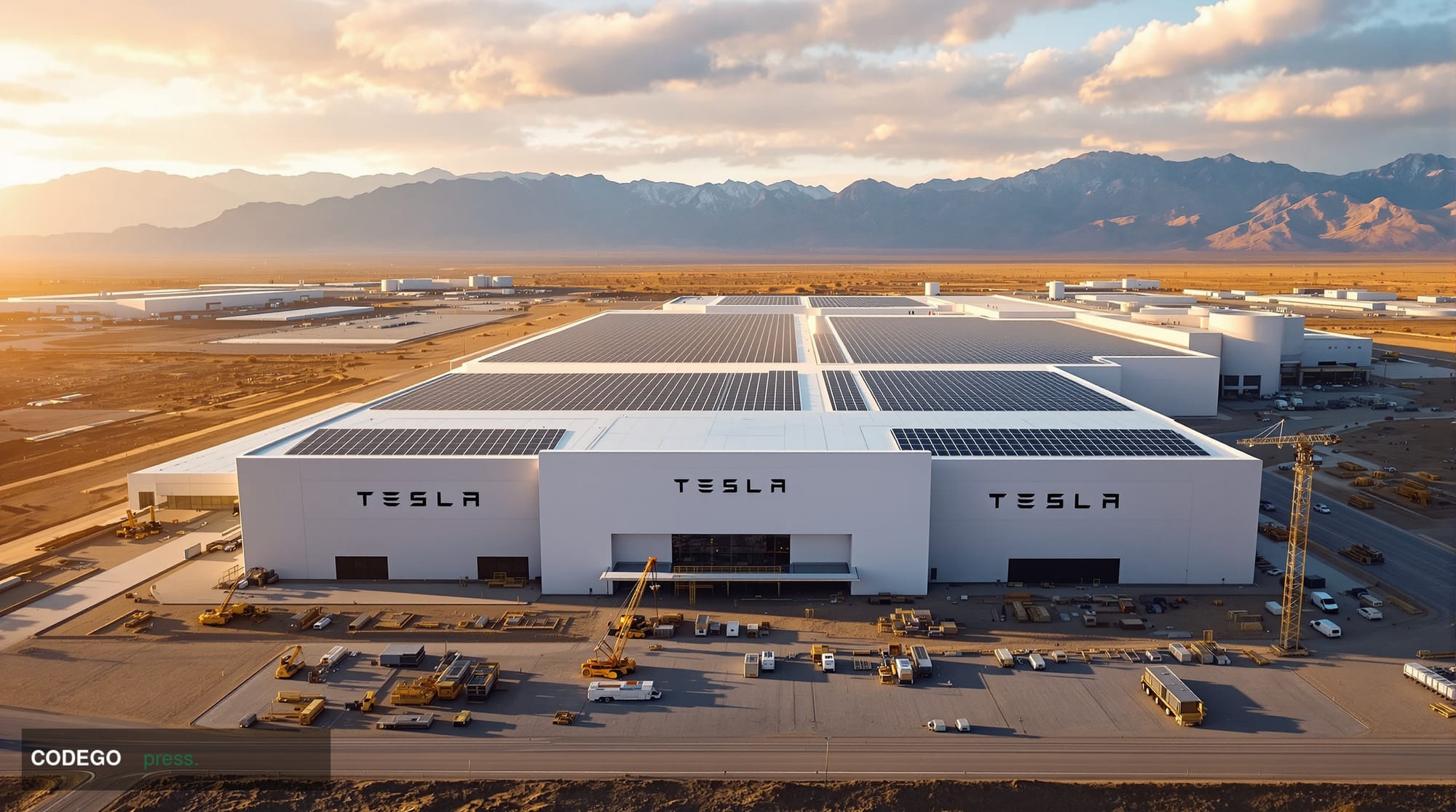 A sweeping aerial view of Tesla's Gigafactory complex in Nevada at golden hour, with the recognizable white angular architect