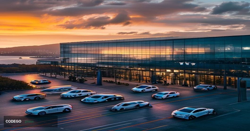 A cinematic editorial photograph showcasing Tesla's Fremont manufacturing facility exterior at golden hour, with the recogniz