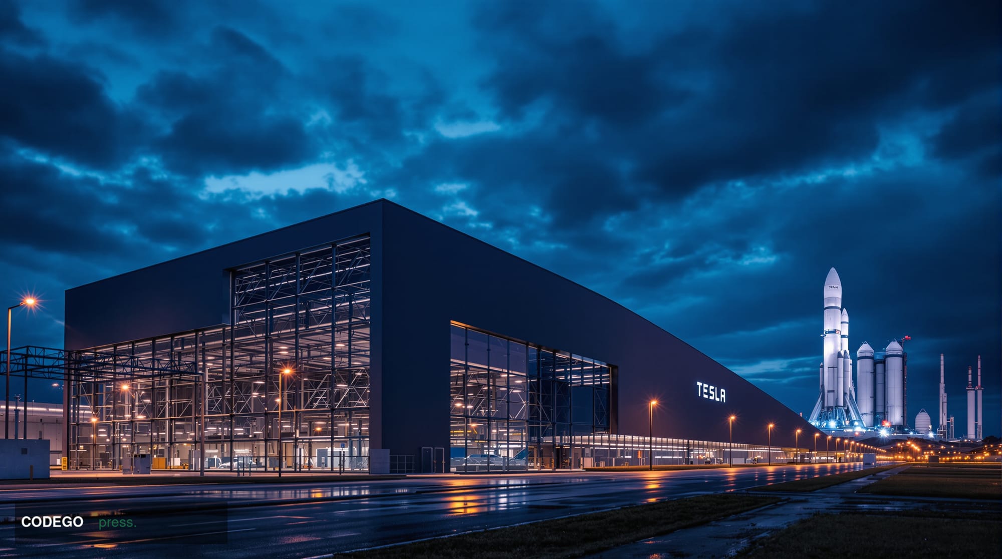 A dramatic photorealistic editorial photograph showing the Tesla Gigafactory Austin in the foreground with SpaceX's Starship 