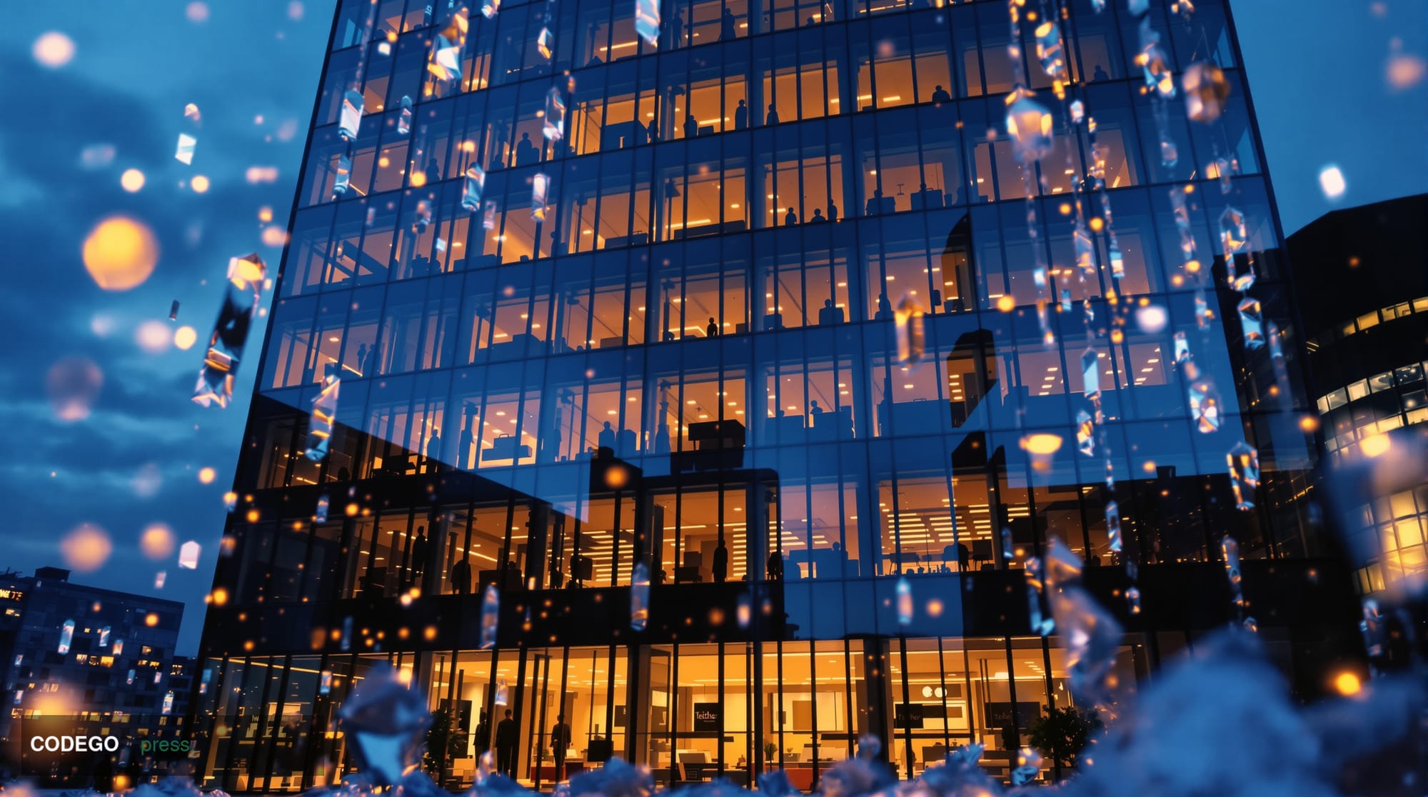 A cinematic editorial photograph showing <a href="https://tether.to" target="_blank" rel="noopener">Tether</a>'s corporate he