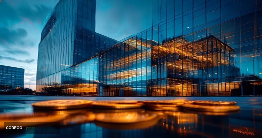 A cinematic editorial photograph showing Tether's distinctive headquarters or corporate office building in dramatic chiaroscu
