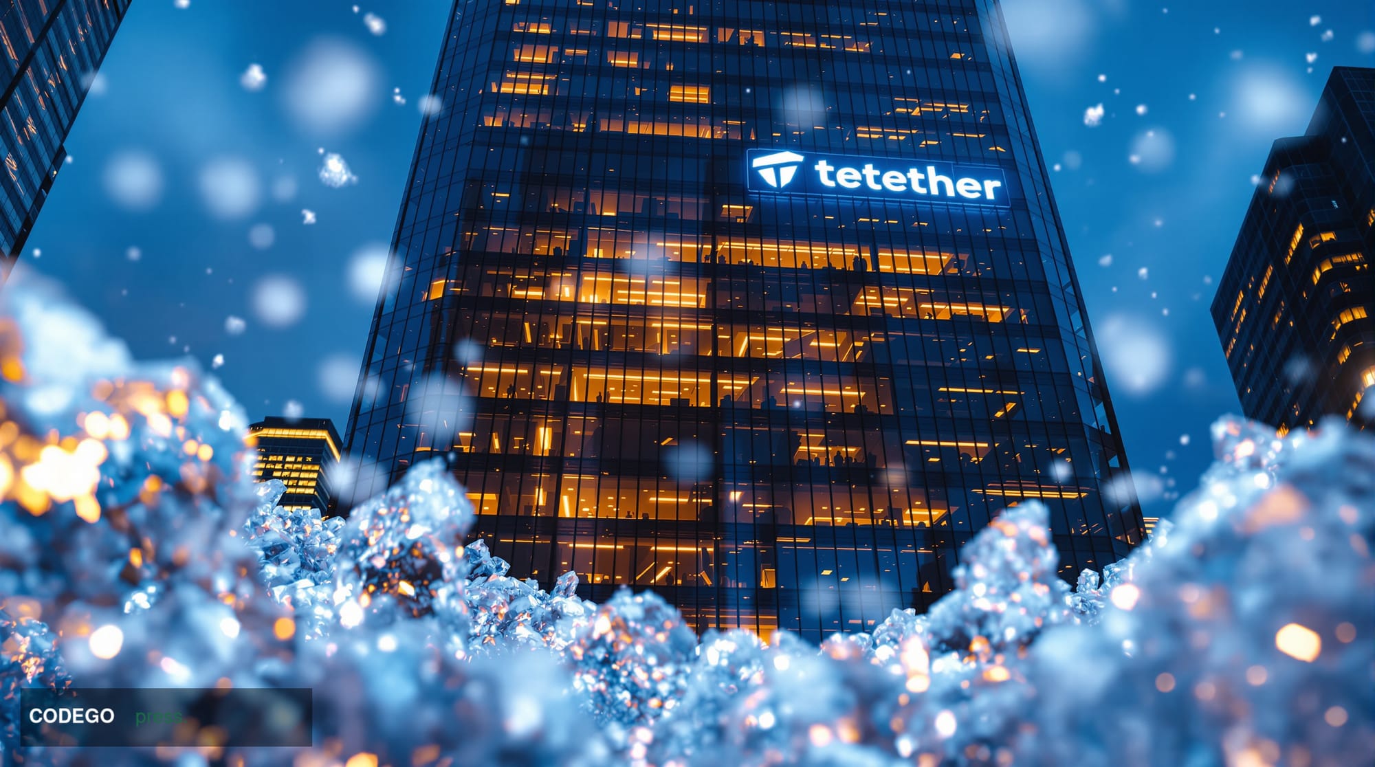A dramatic photorealistic editorial scene depicting Tether's headquarters building in the British Virgin Islands or Hong Kong
