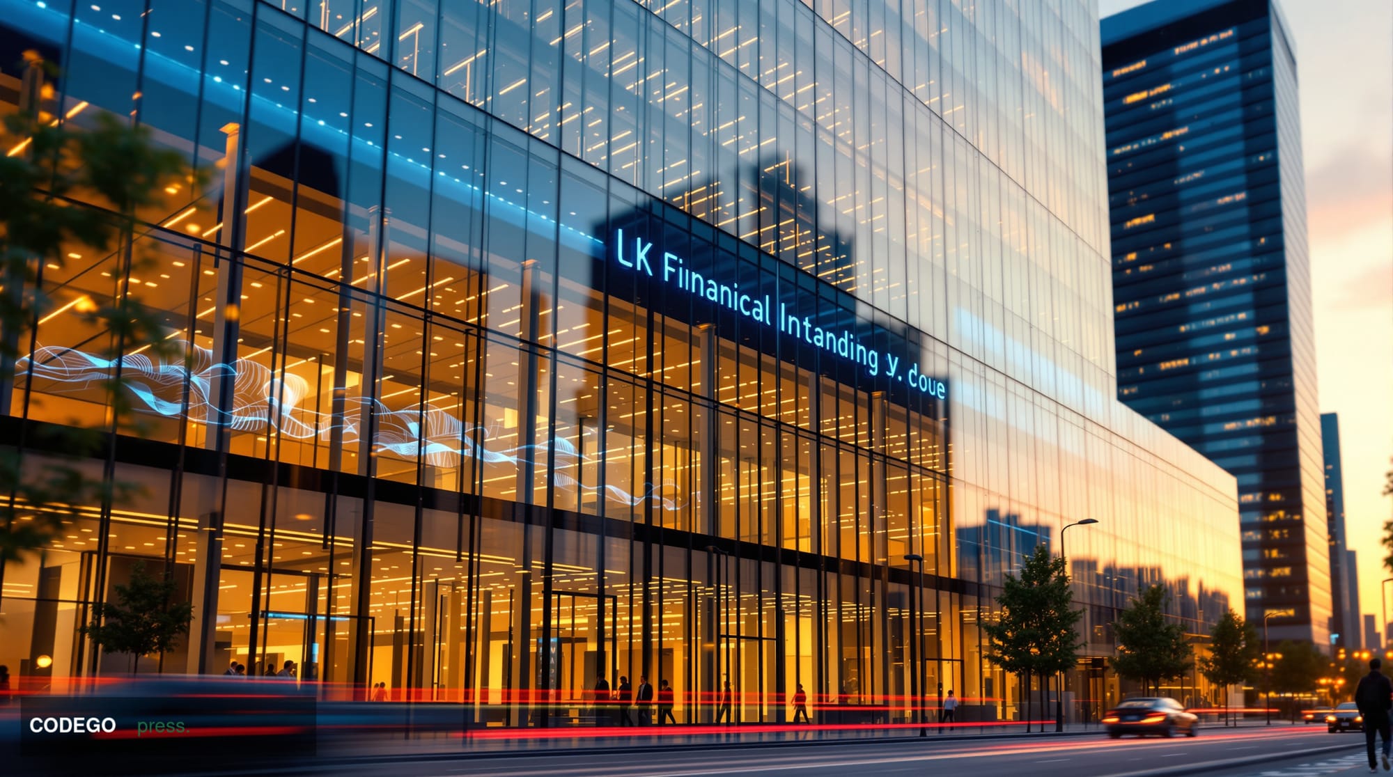 A dramatic photorealistic editorial photograph showing the sleek glass facade of Tether's corporate headquarters in the Briti