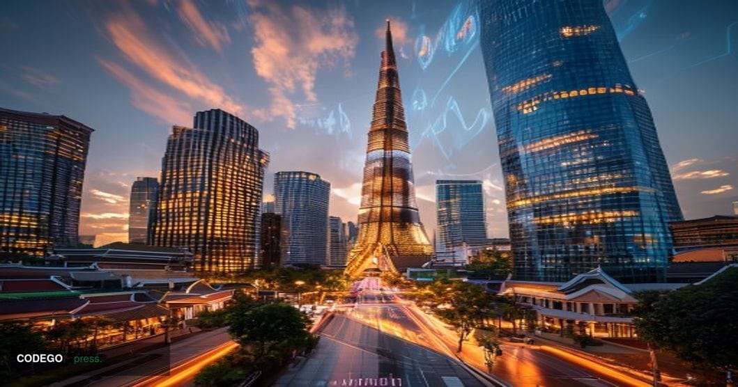 A cinematic editorial photograph showcasing Bangkok's modern financial district with the iconic Mahanakhon Tower and sleek gl
