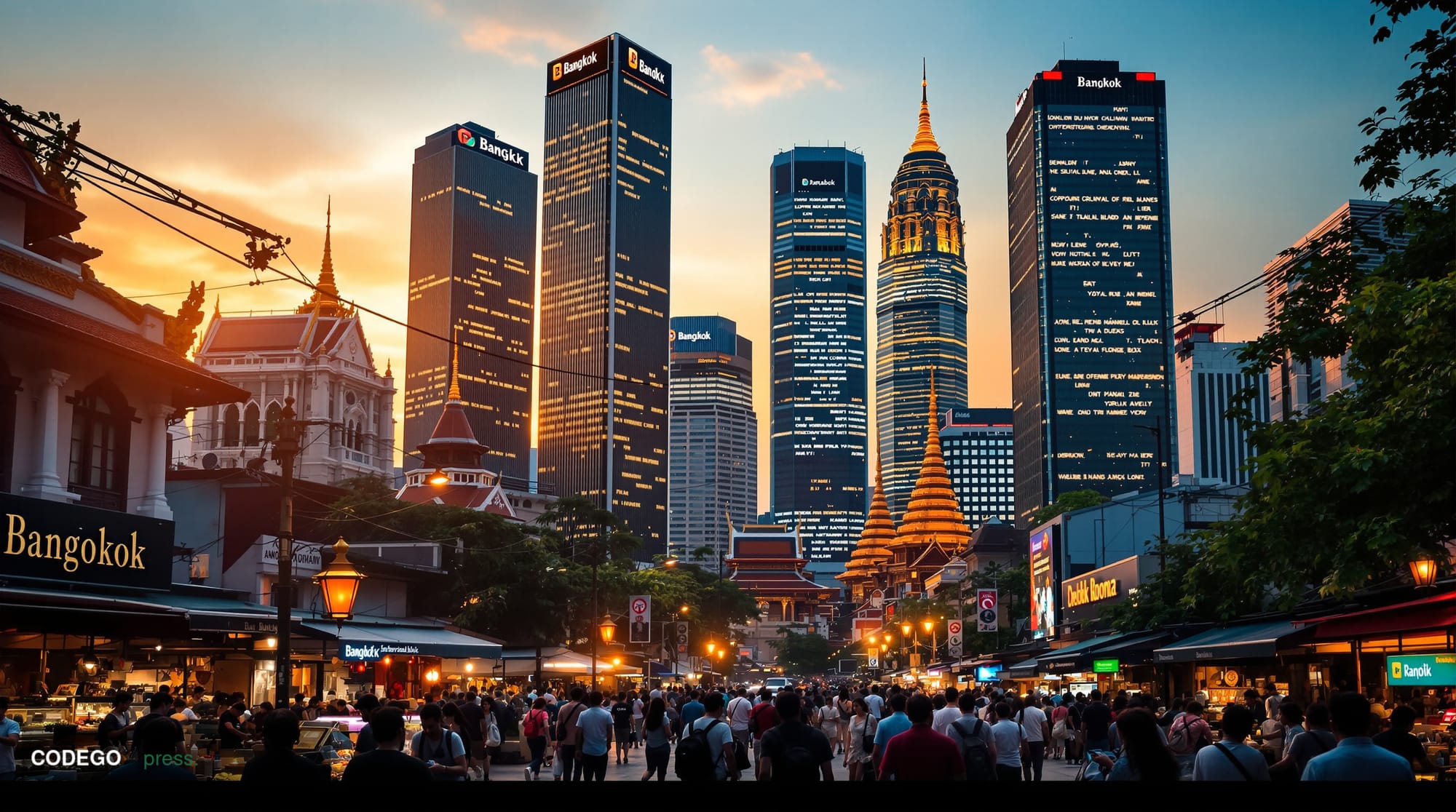 A dramatic editorial photograph capturing modern Bangkok's skyline at golden hour, showcasing the contrast between gleaming s