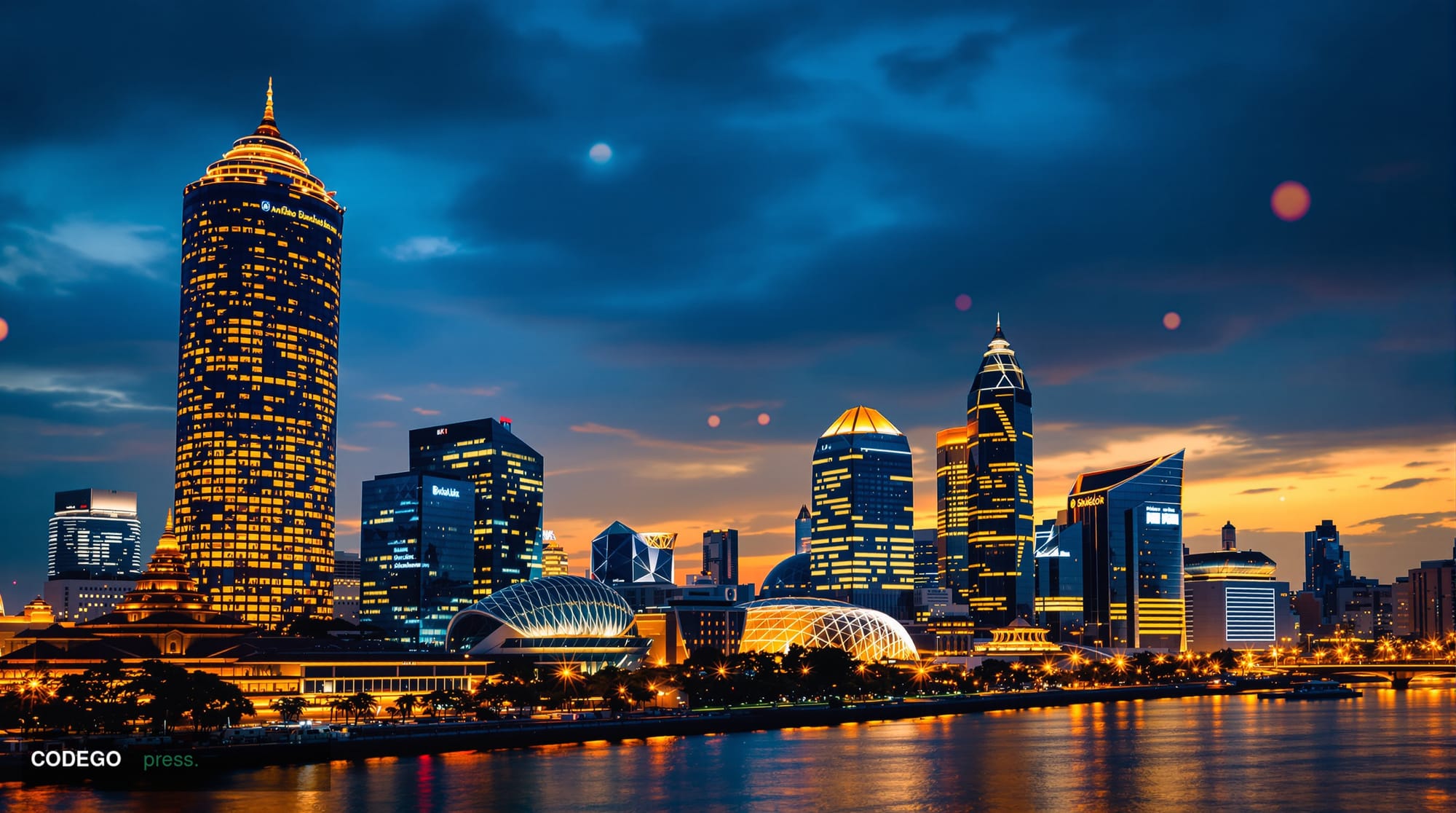 A cinematic editorial photograph capturing the modern Bangkok financial district skyline at golden hour, with the iconic Maha