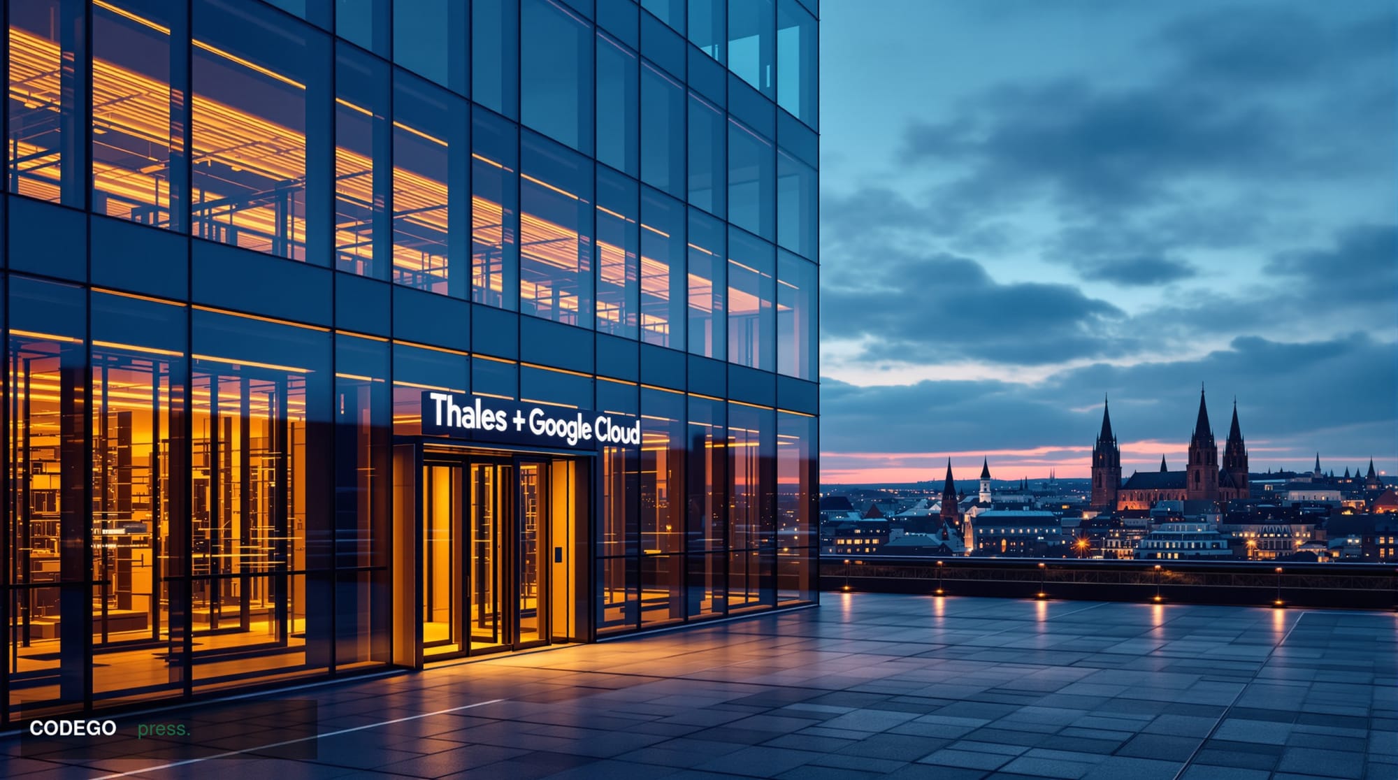 A cinematic editorial photograph showcasing the German sovereign cloud infrastructure partnership between Thales and Google C