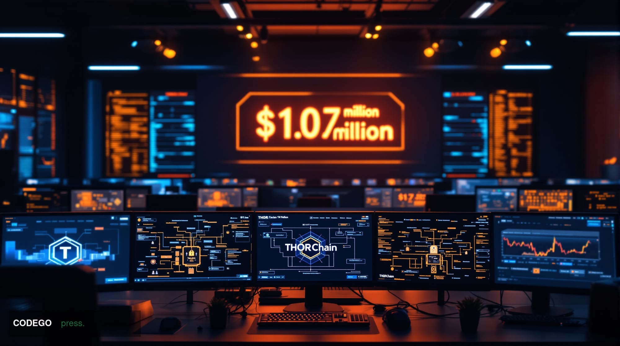 A cinematic editorial photograph of a modern cryptocurrency trading floor or blockchain development office, with multiple mon