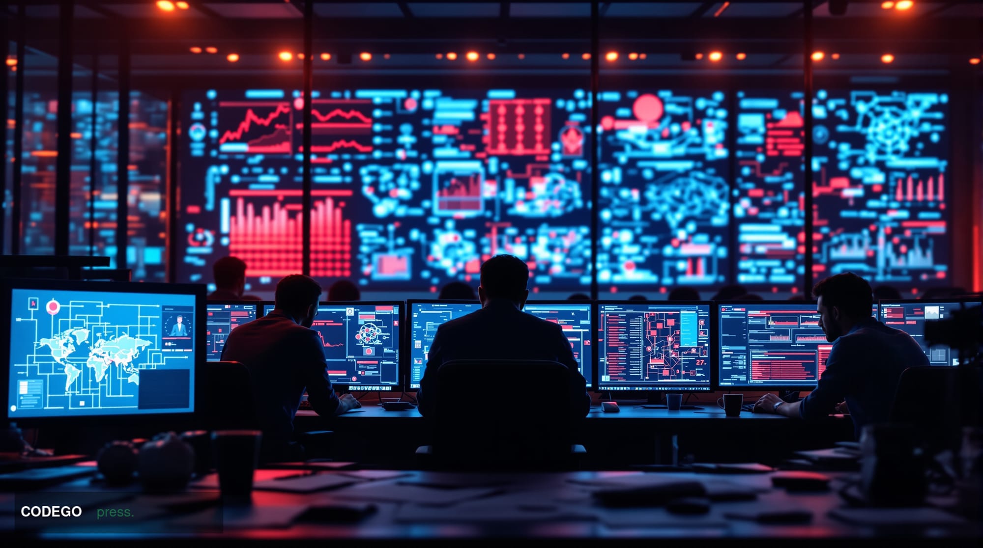 A dramatic photorealistic editorial photograph showing a modern cryptocurrency trading floor or blockchain development office