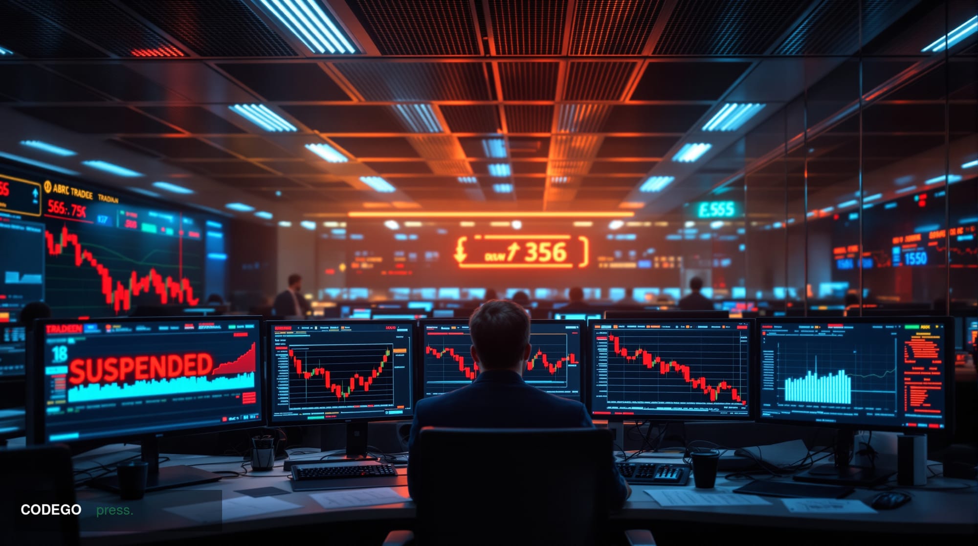 A dramatic photorealistic editorial photograph showcasing the aftermath of a major DeFi protocol breach. The scene features a