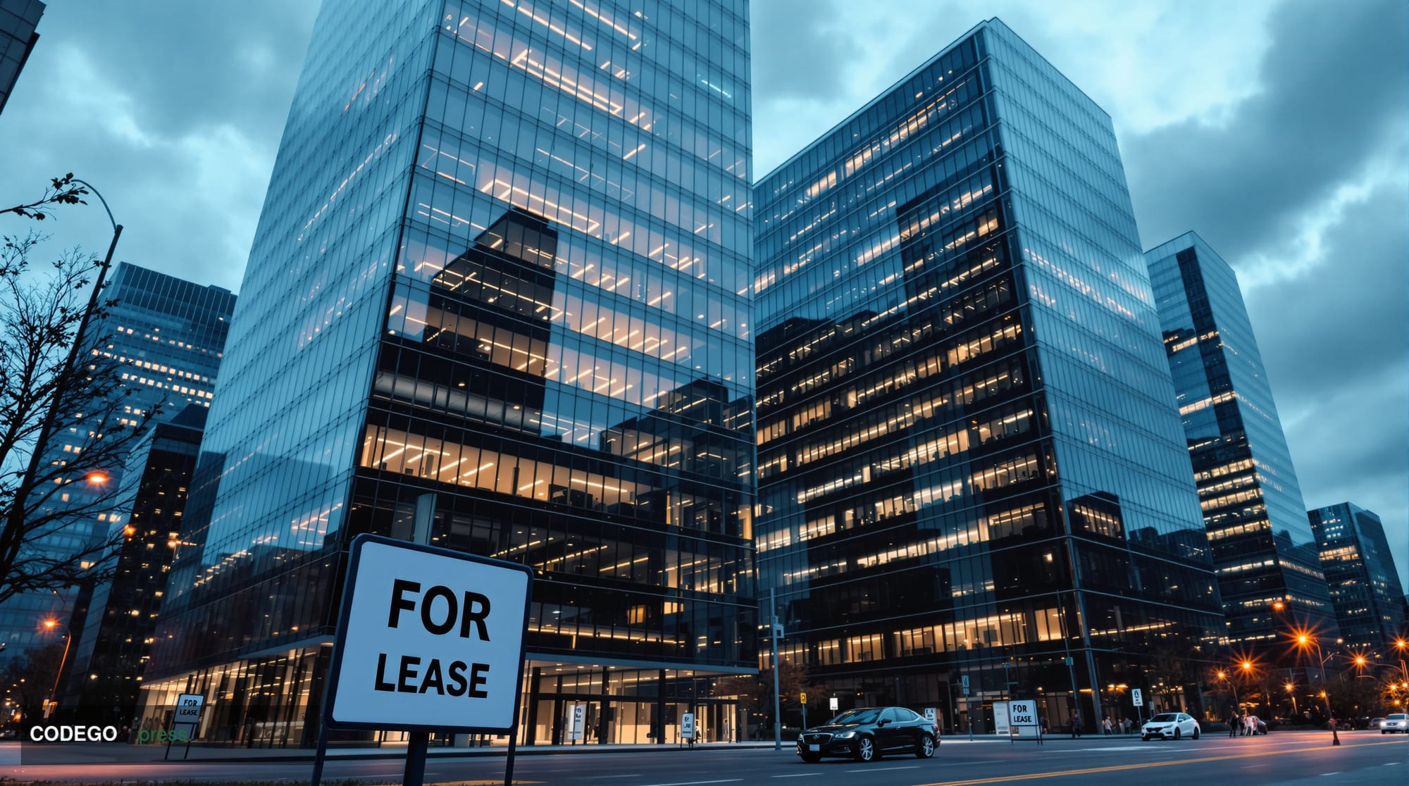A photorealistic editorial photograph showing empty modern glass office buildings in a tech district, with darkened windows a