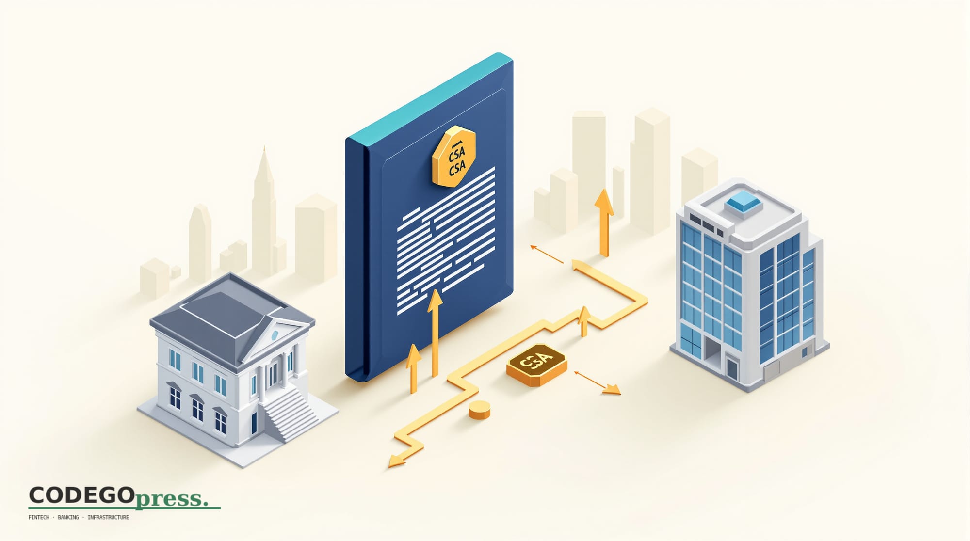 Flat 3D isometric vector editorial illustration, banking-green primary (#1A6B43), cream background, gold and navy accents, so