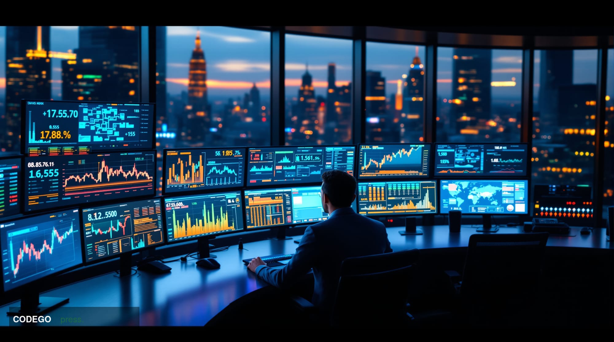 Photorealistic cinematic editorial photograph of a modern fintech trading floor at dusk, shot from an elevated angle. In the 