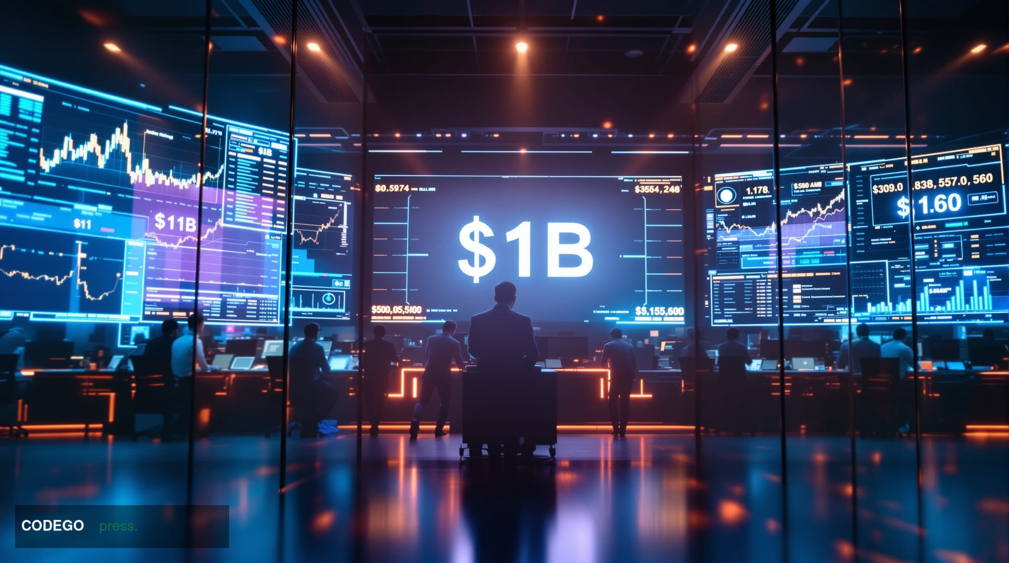 A sophisticated financial trading floor environment with multiple large digital displays showing tokenized asset data streams