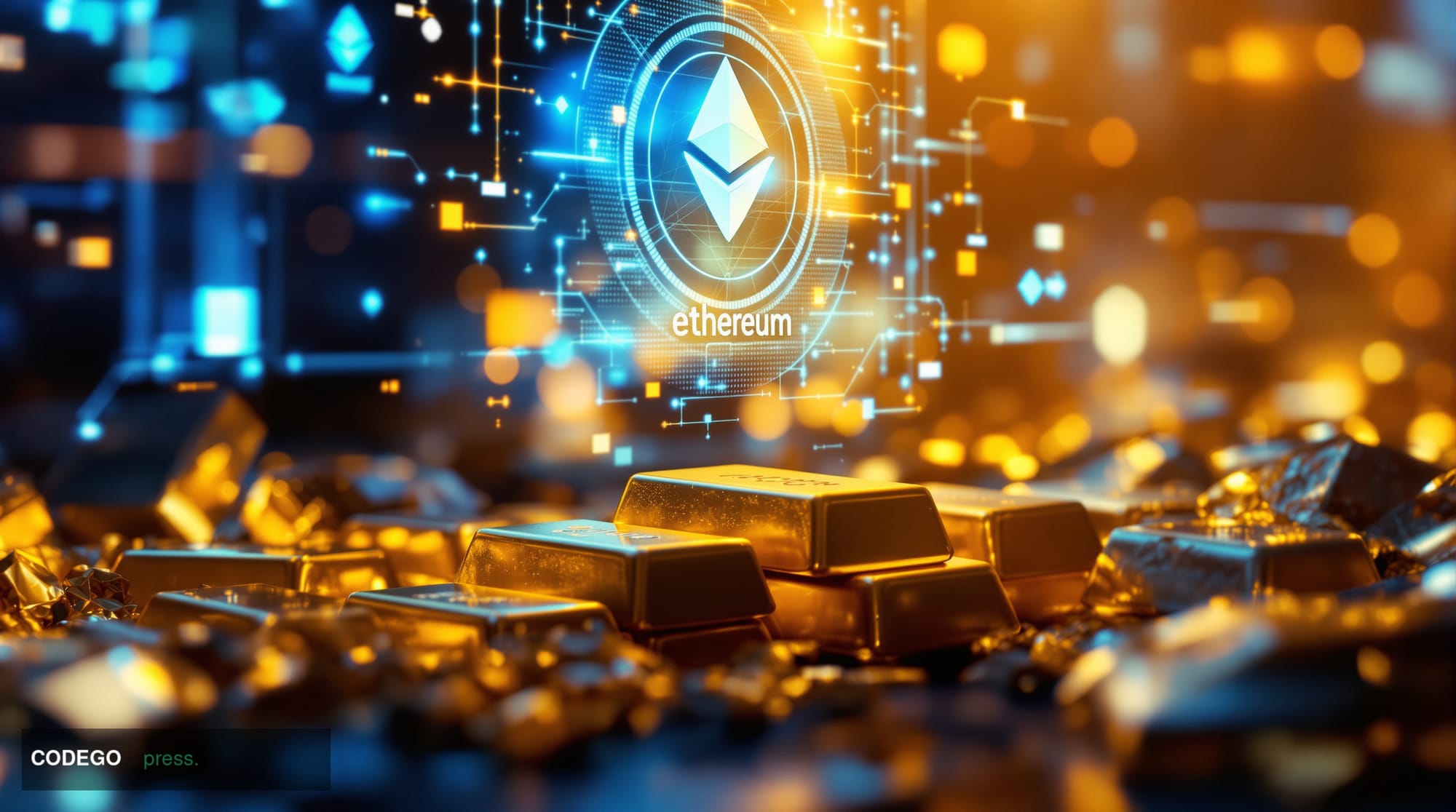 A cinematic editorial photograph capturing the convergence of traditional commodities and blockchain technology. The scene sh