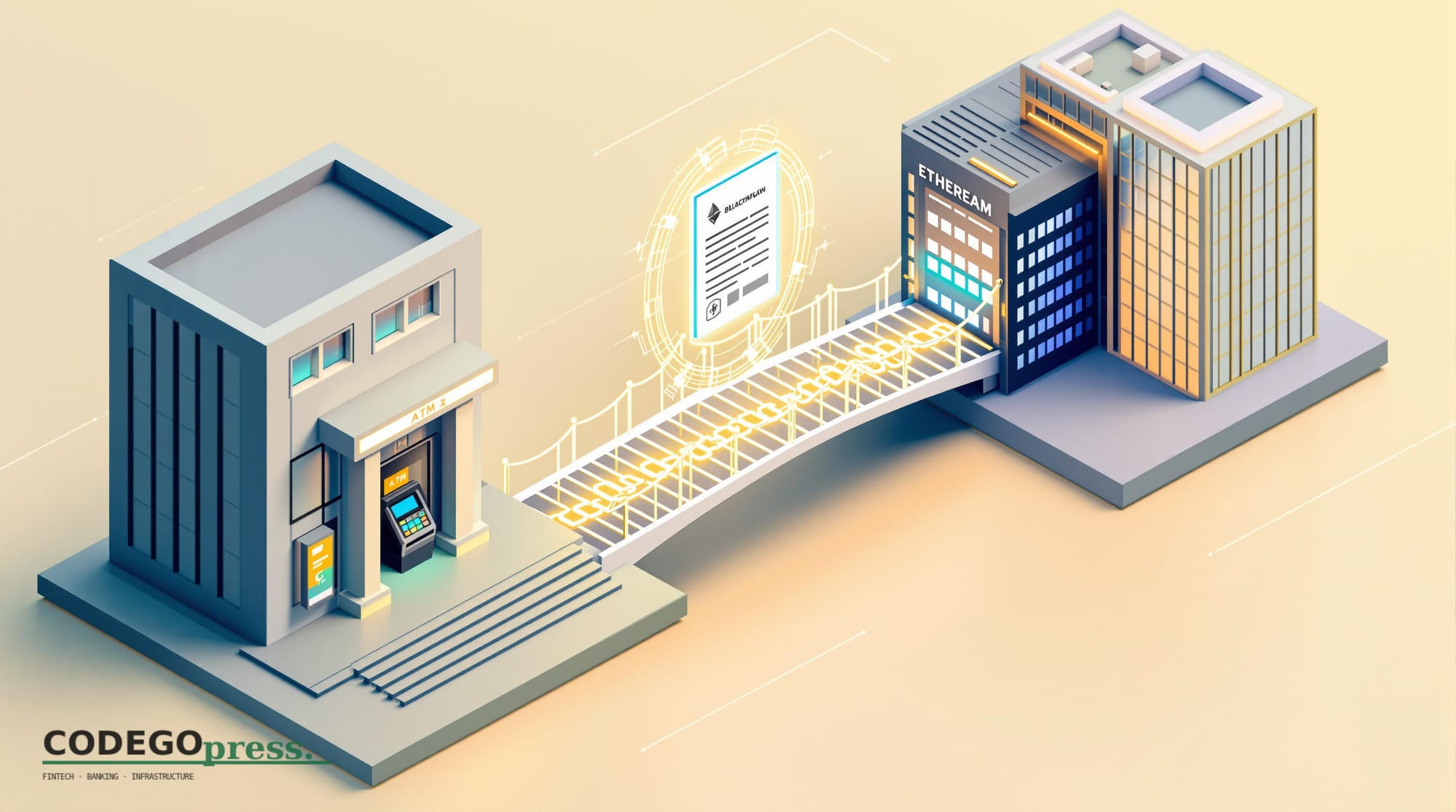Flat 3D isometric vector editorial illustration. Primary color banking-green (#1A6B43). Scene: a modernist bank building on t