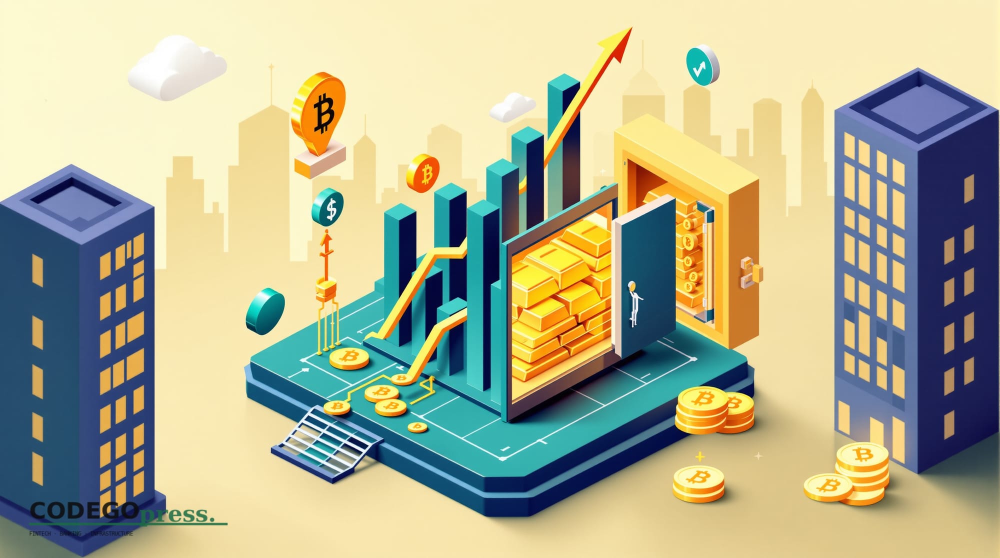flat 3D isometric vector editorial illustration, banking-green primary (#1A6B43), cream background, gold and navy accents, so