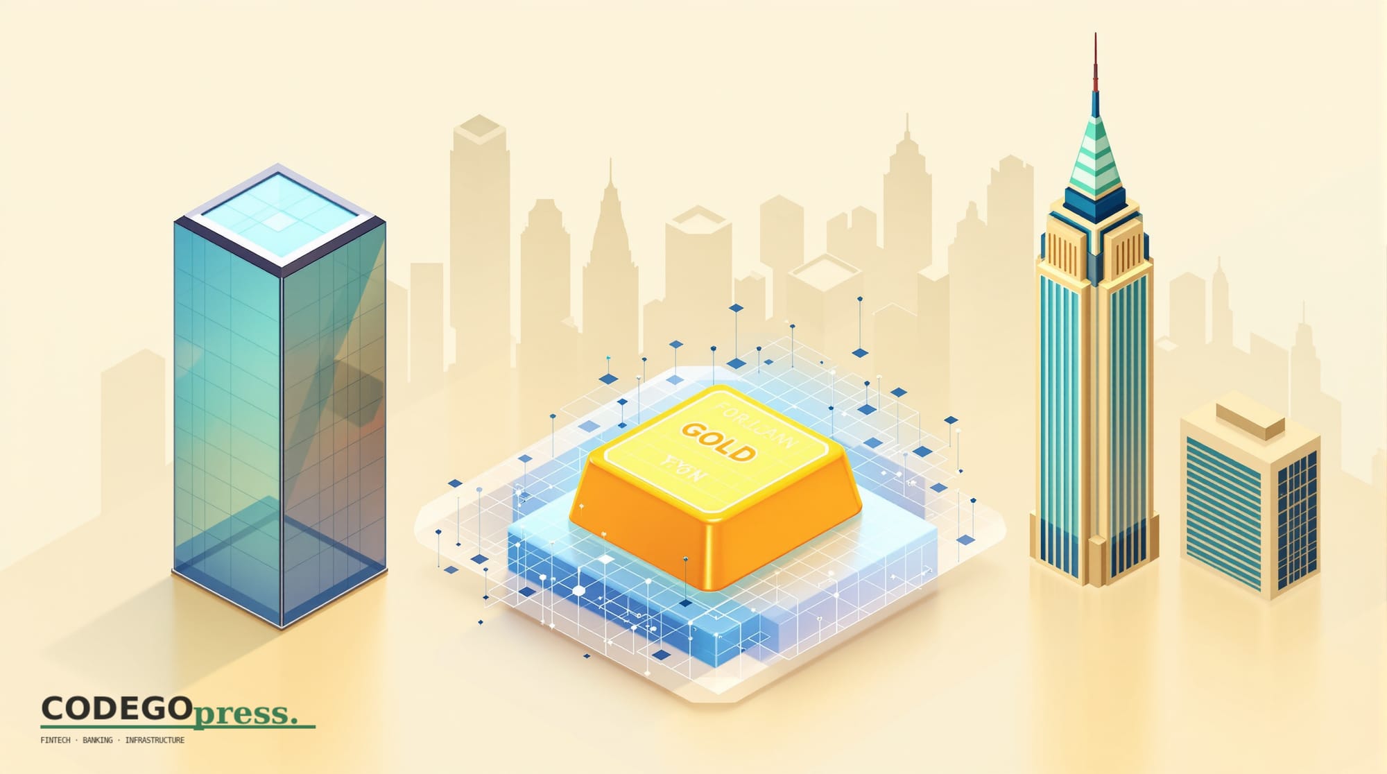 Gold ingot rendered in bright bullion yellow in centre, partially overlaid with a translucent blockchain hexagon grid in navy