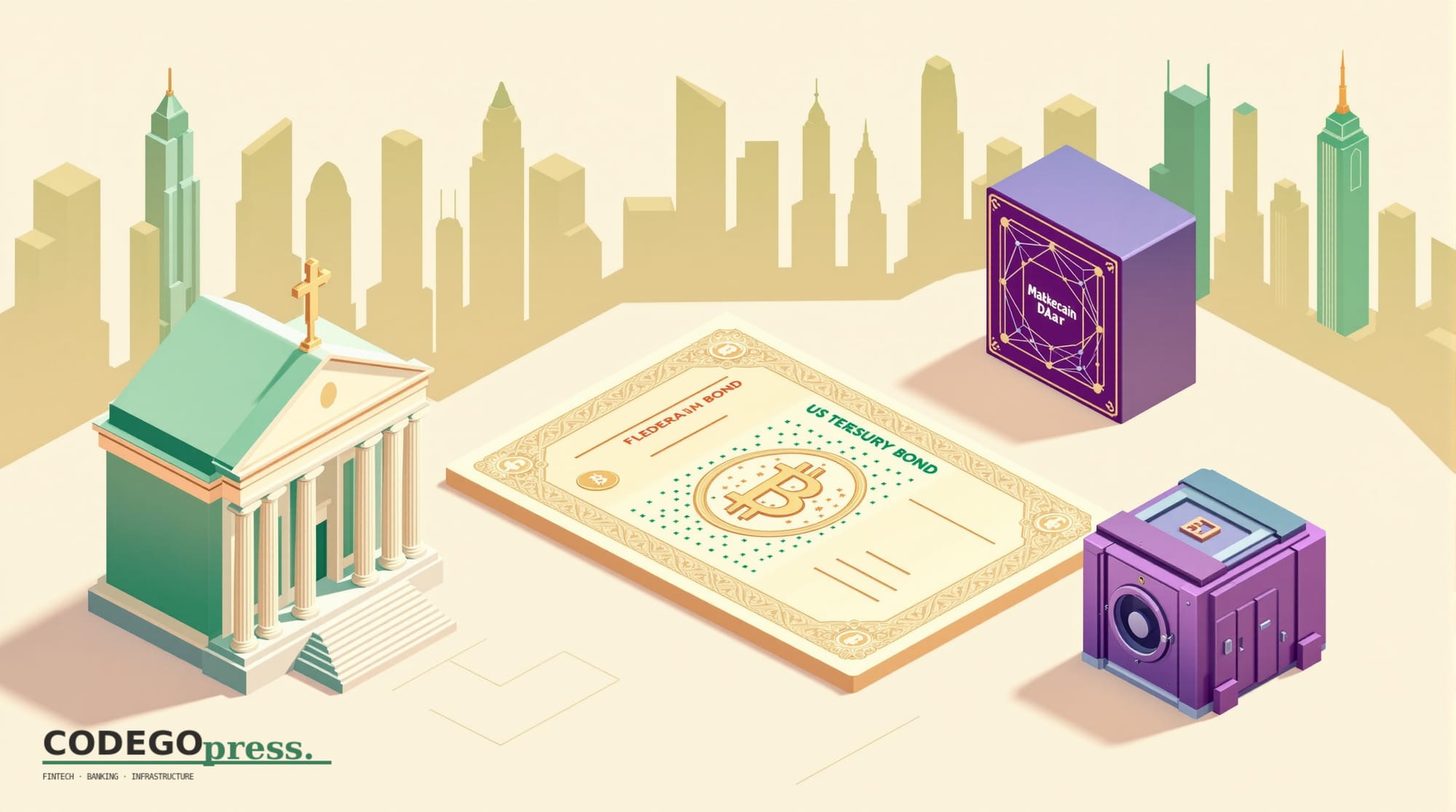 Golden US Treasury bond certificate in centre with blockchain node pattern watermarked across it, Federal Reserve neoclassica