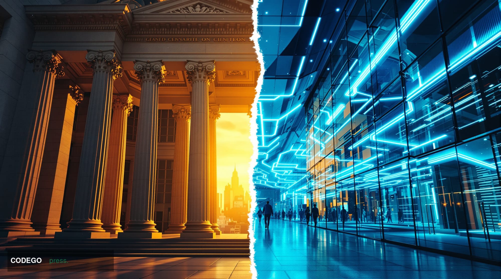 A dramatic split-screen composition showing the contrast between old and new financial systems, photographed in cinematic edi