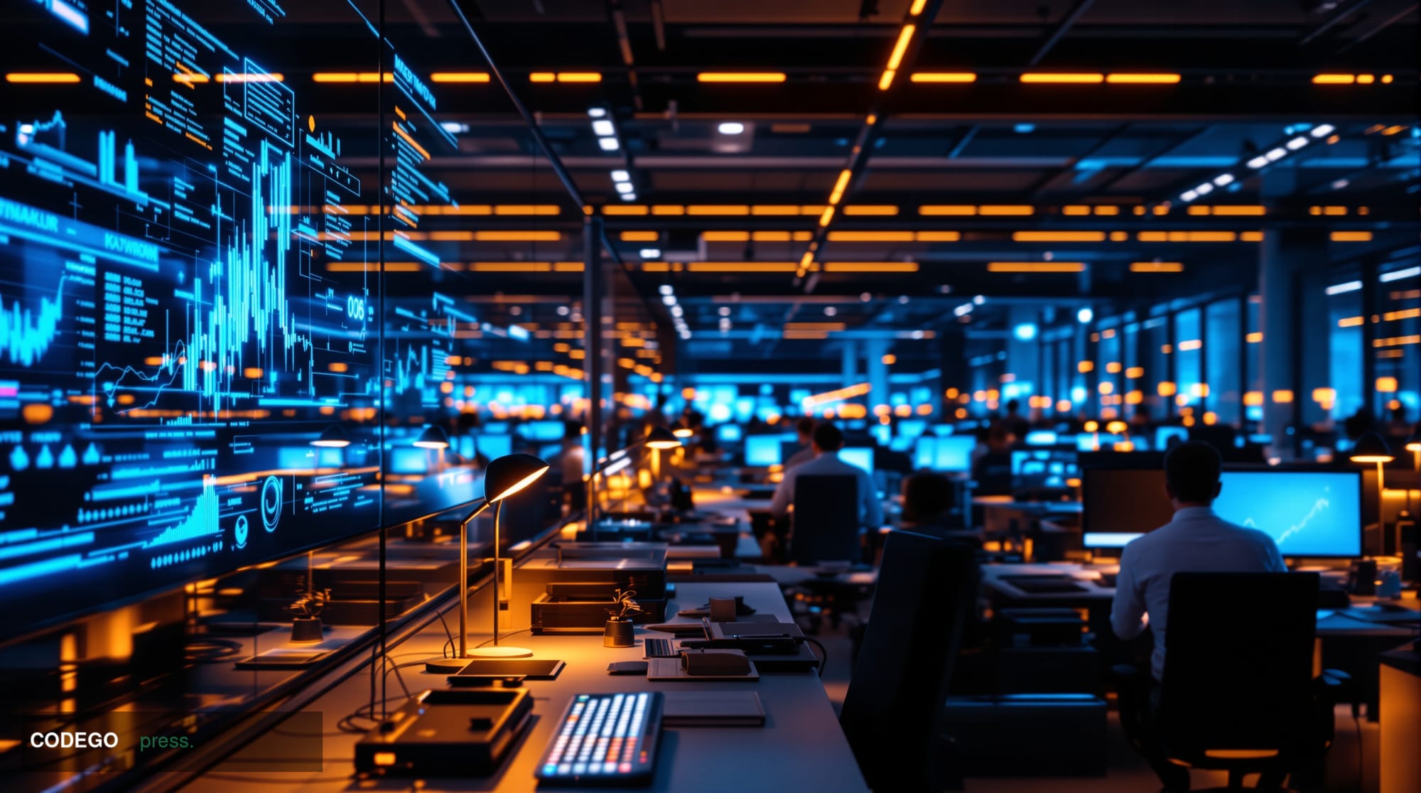 A photorealistic editorial photograph showcasing a modern fintech office environment with AI-powered debt collection operatio