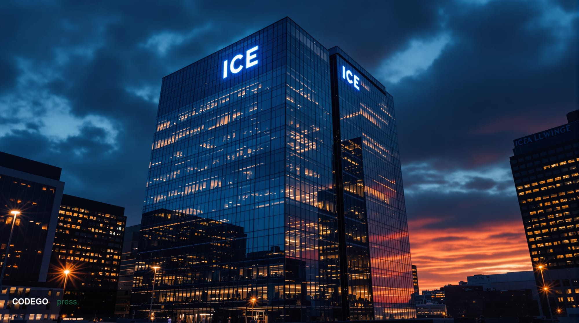 A dramatic photorealistic editorial photograph showing the imposing glass and steel headquarters of the Intercontinental Exch