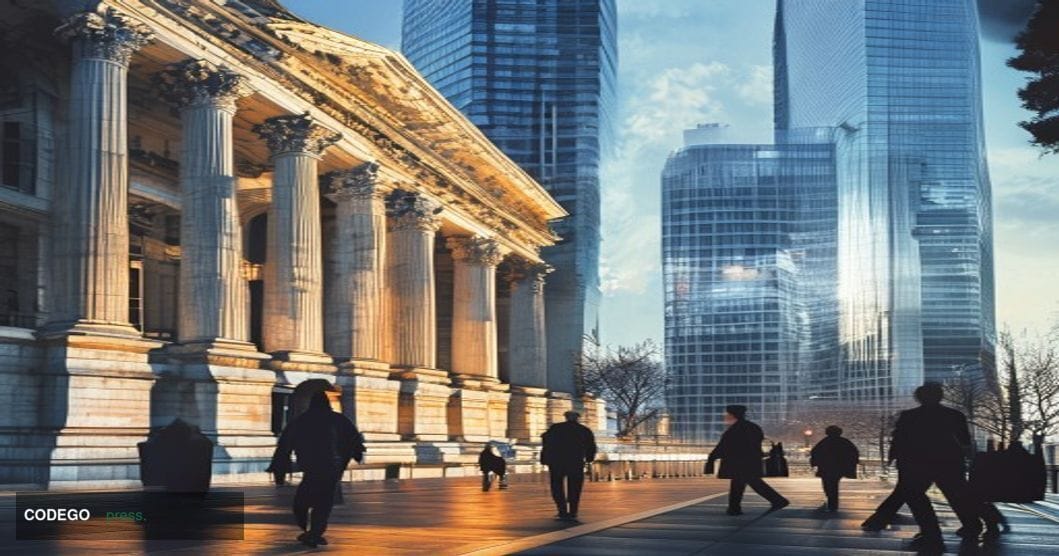 A dramatic photorealistic editorial photograph showing the imposing neoclassical facade of the New York Stock Exchange buildi