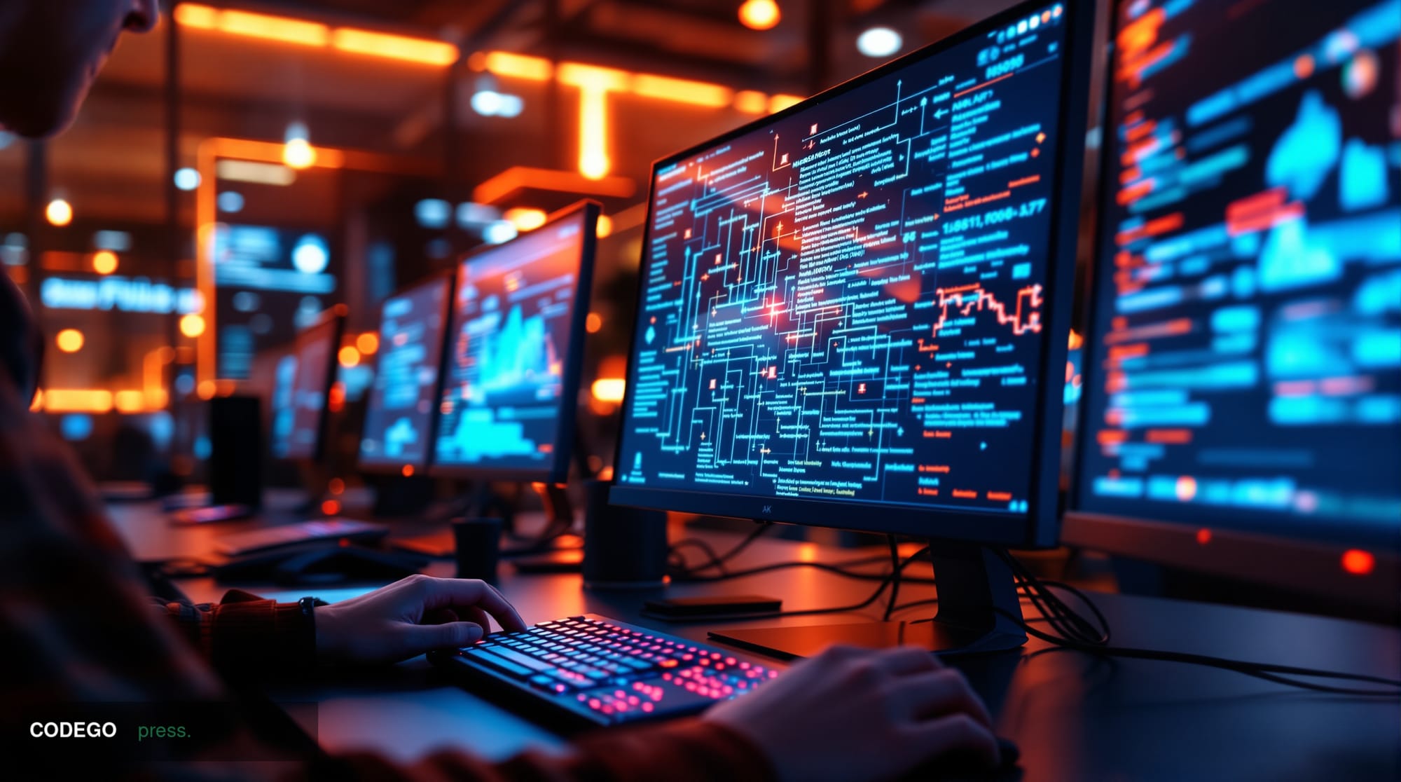 A cinematic editorial photograph of a modern software development office space with multiple monitors displaying code editor 
