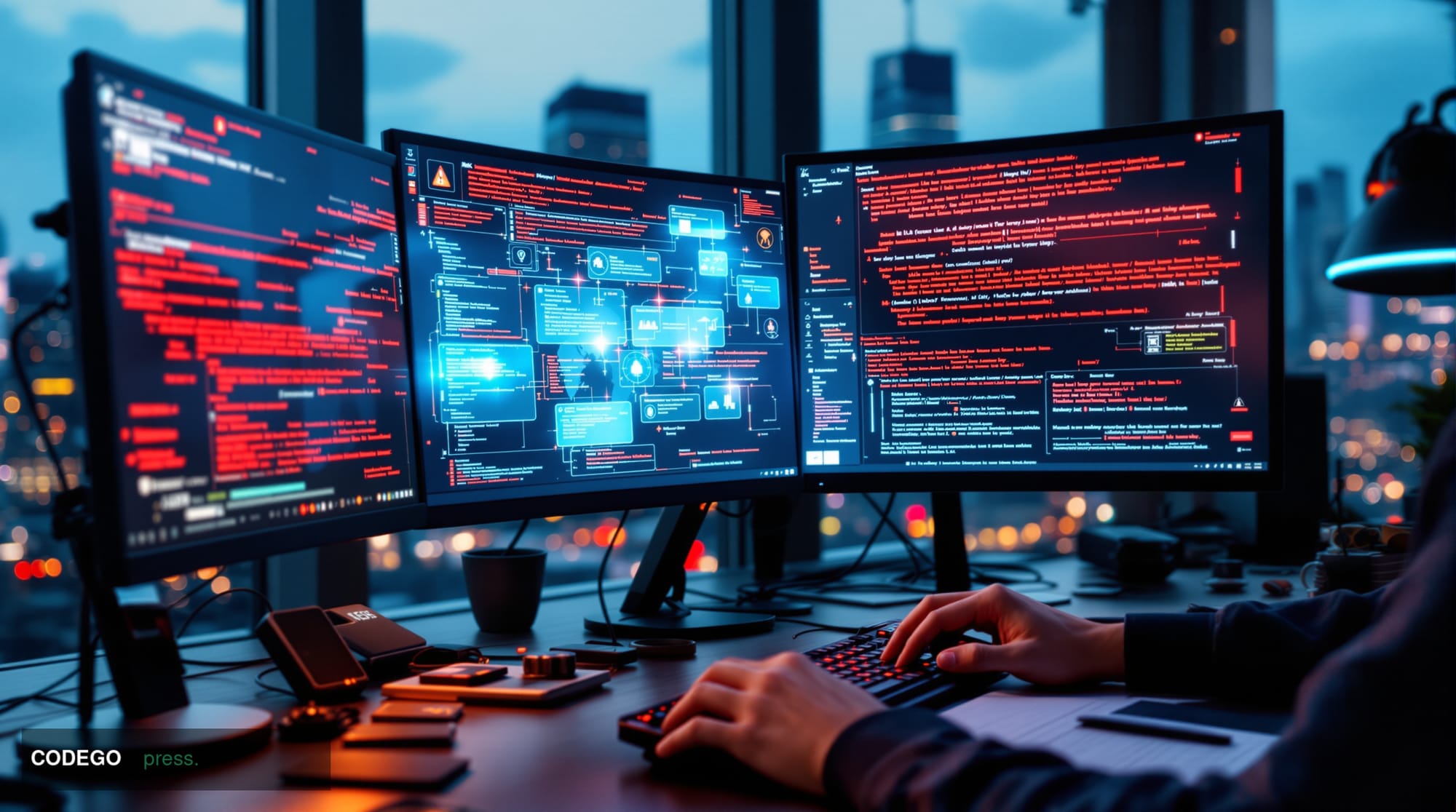 A dramatic cybersecurity-focused editorial photograph showing a modern software development workspace under siege. The scene 