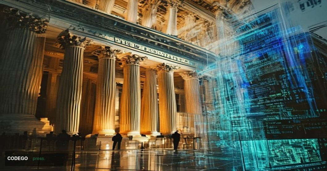 # Image Prompt

A cinematic wide-angle shot of the U.S. Treasury Department building's neoclassical facade illuminated by dra