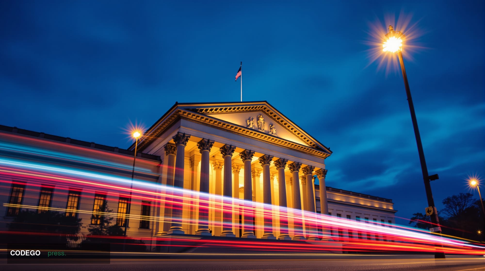 A cinematic editorial photograph of the imposing US Treasury Building in Washington DC at dusk, shot from a low angle to emph